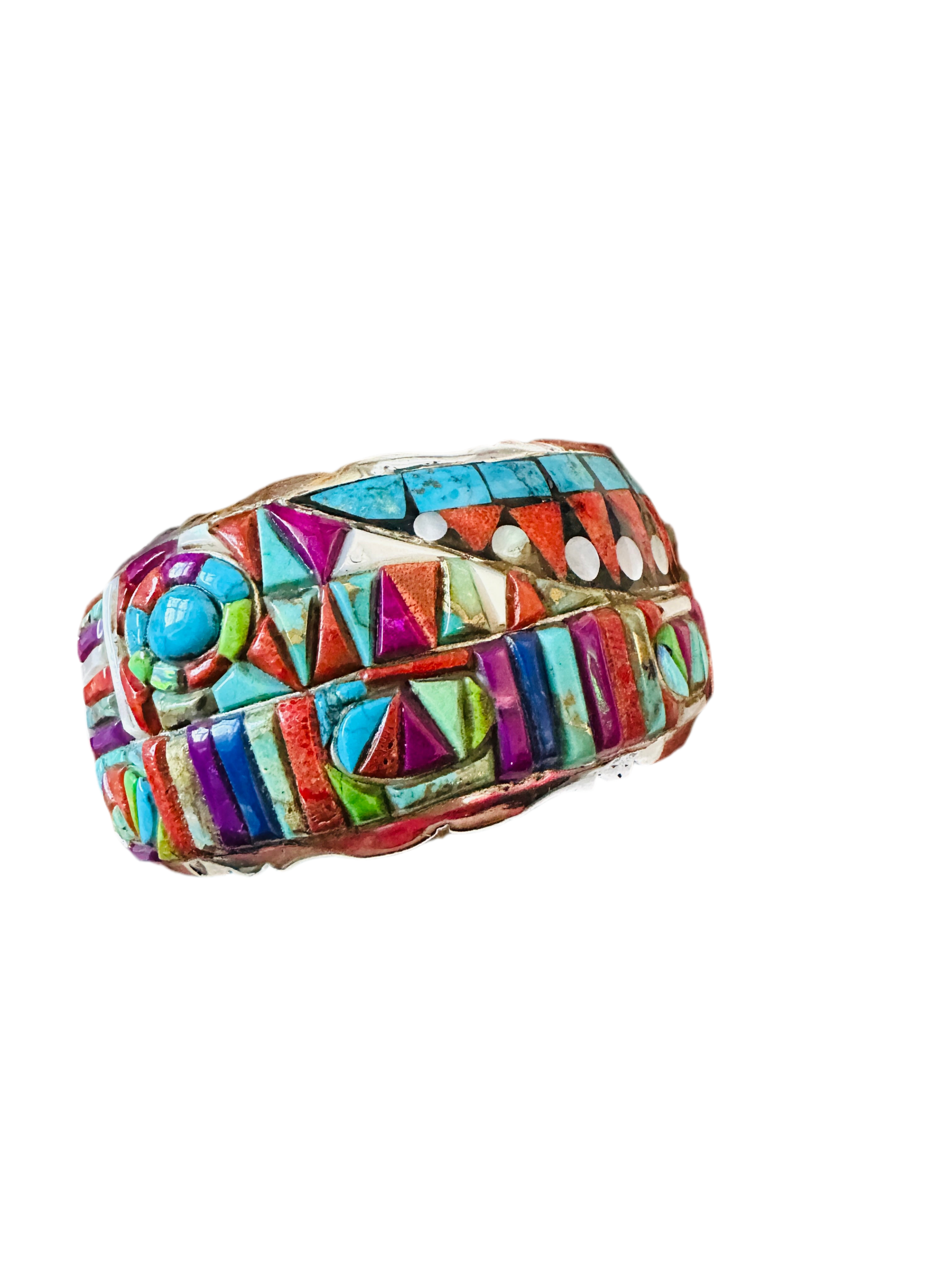 Handmade Sterling Silver Multi Stone Inlay Cuff