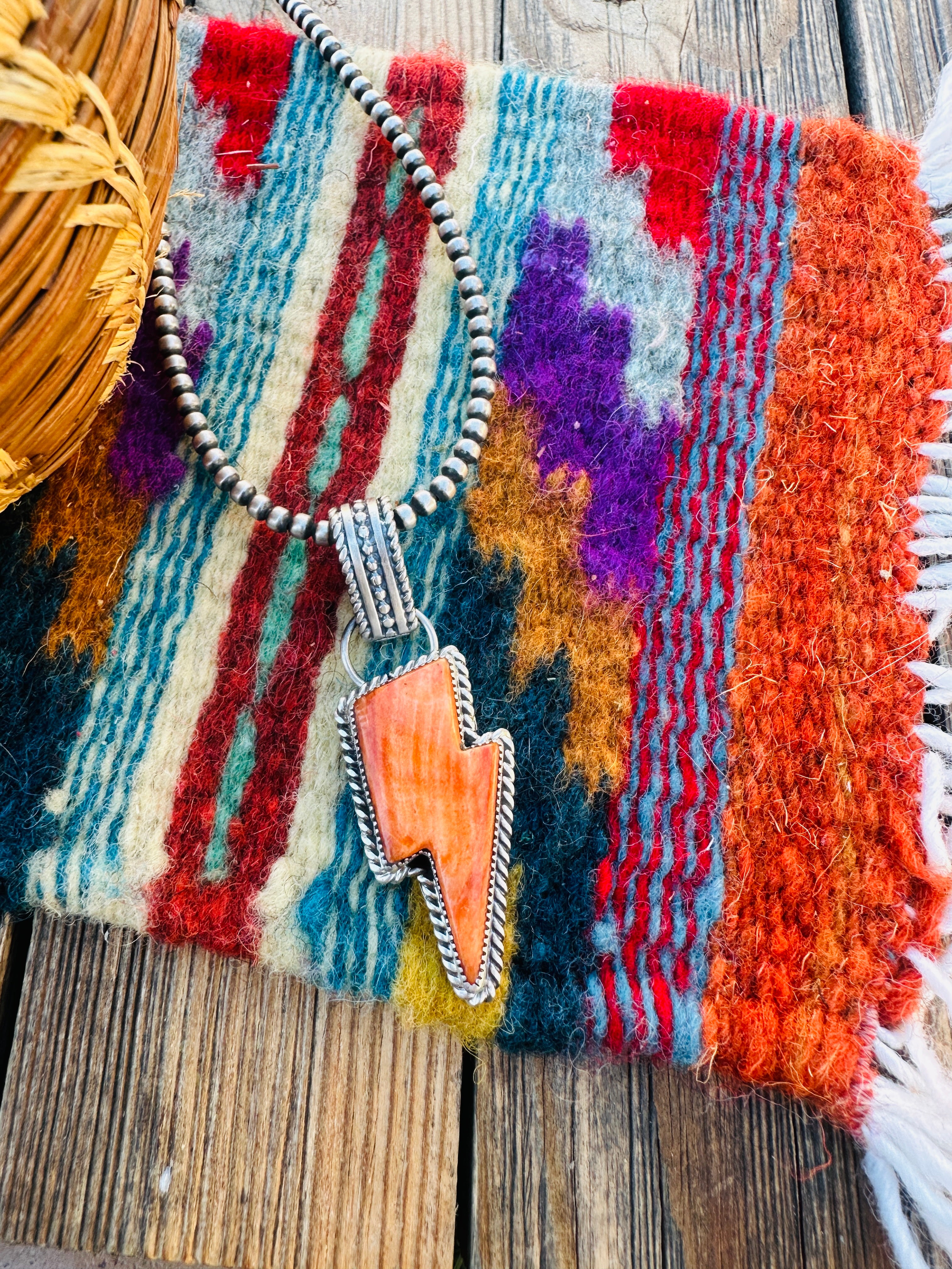 Handcrafted Spiny Oyster & Sterling Silver Lightning Bolt Pendant by Tatum Skeets