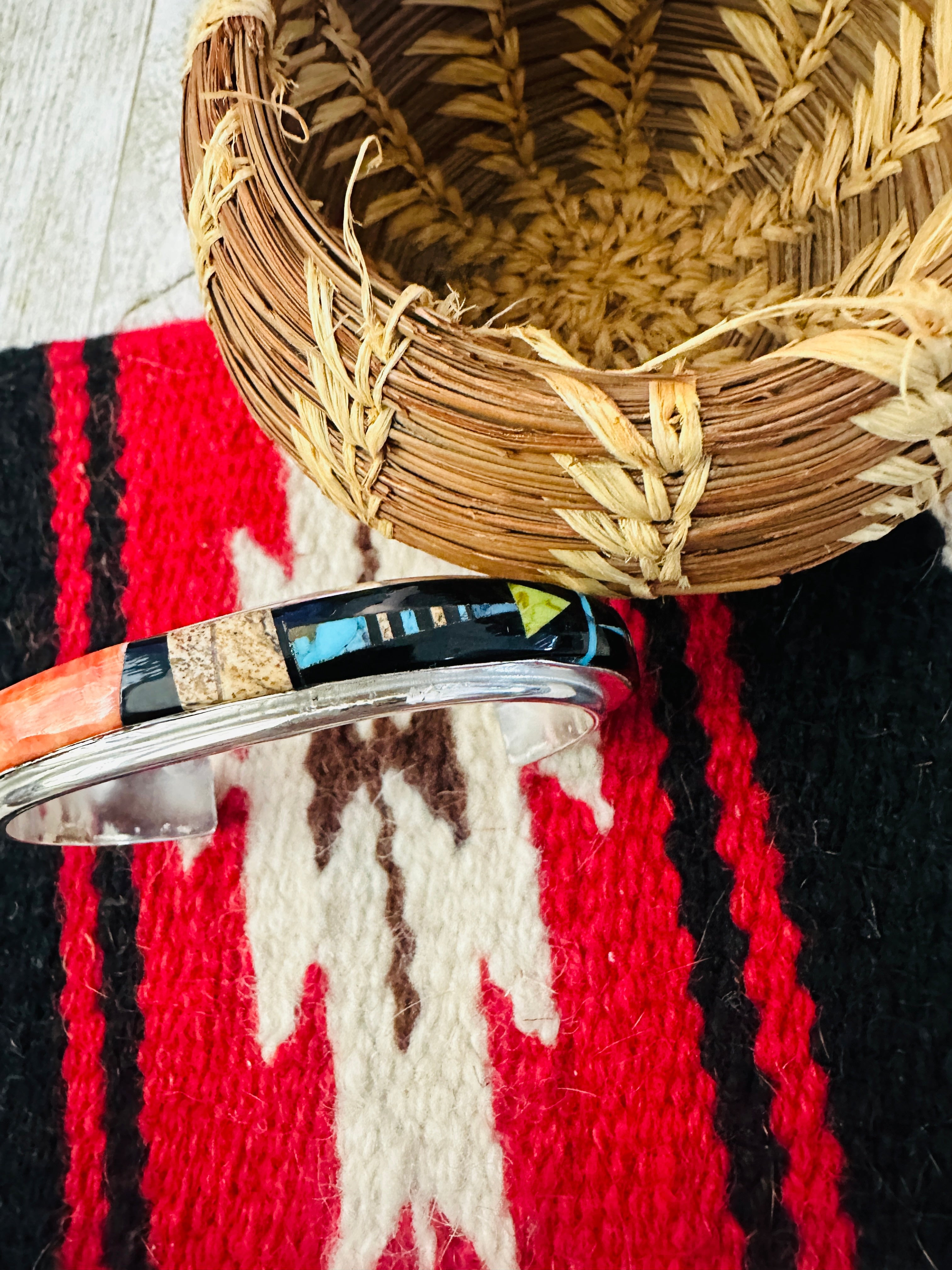 Handcrafted Multi Stone & Sterling Silver Inlay Cuff Bracelet by Ray Jack