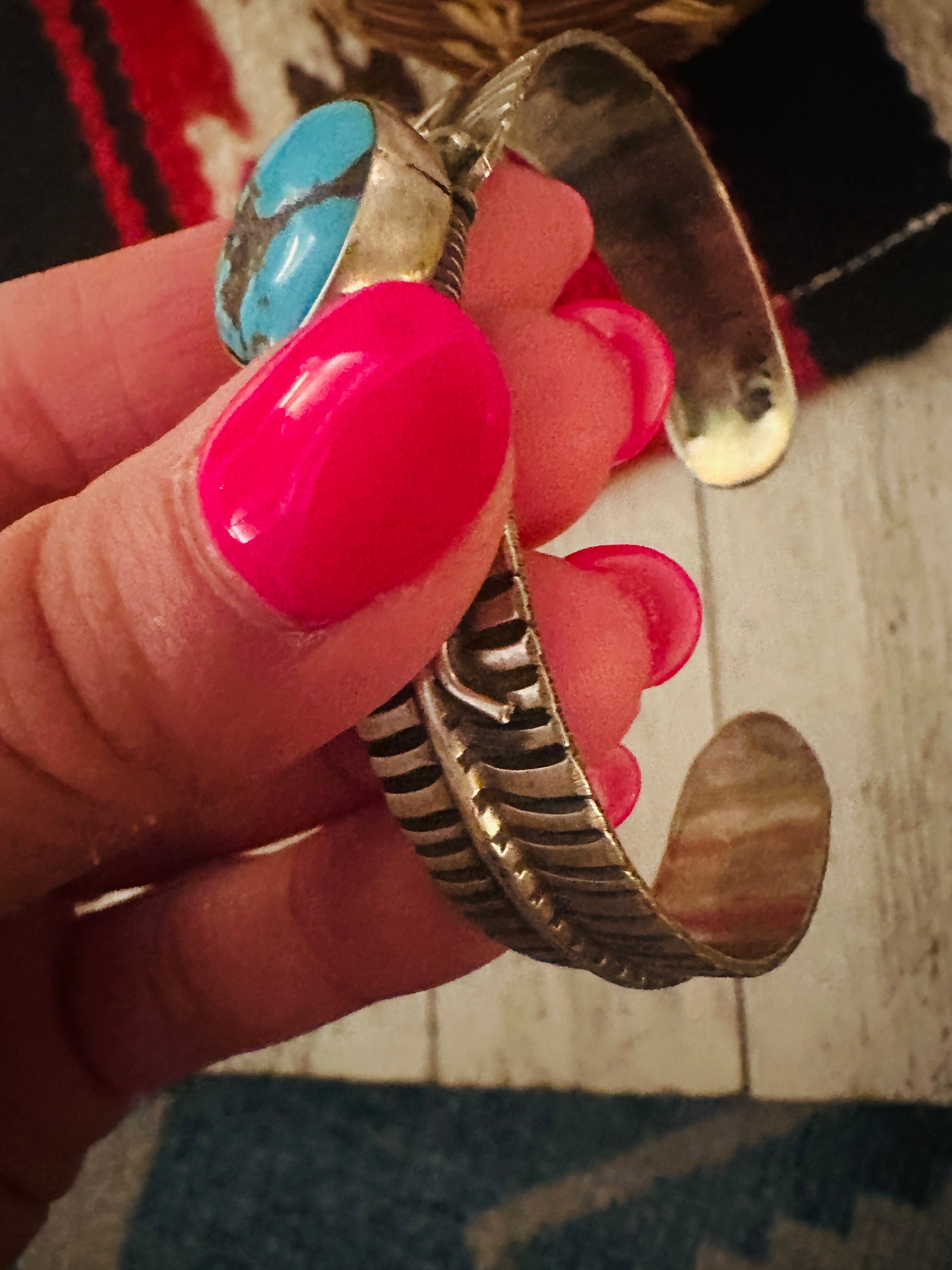 Navajo Turquoise & Sterling Silver Feather Cuff Bracelet