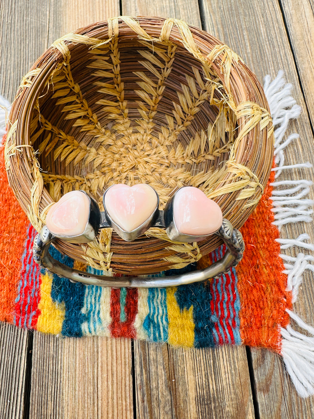 Handcrafted Queen Pink Conch & Sterling Silver Heart Bangle Bracelet by Chimney Butte