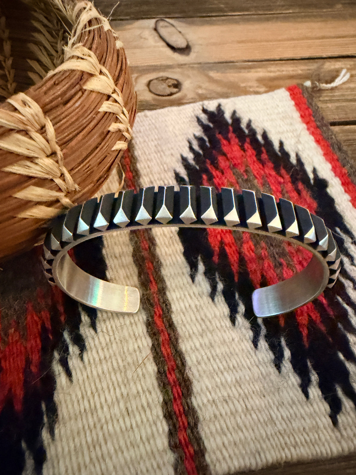 Hand Stamped Sterling Silver Cuff Bracelet by Leander Tahe