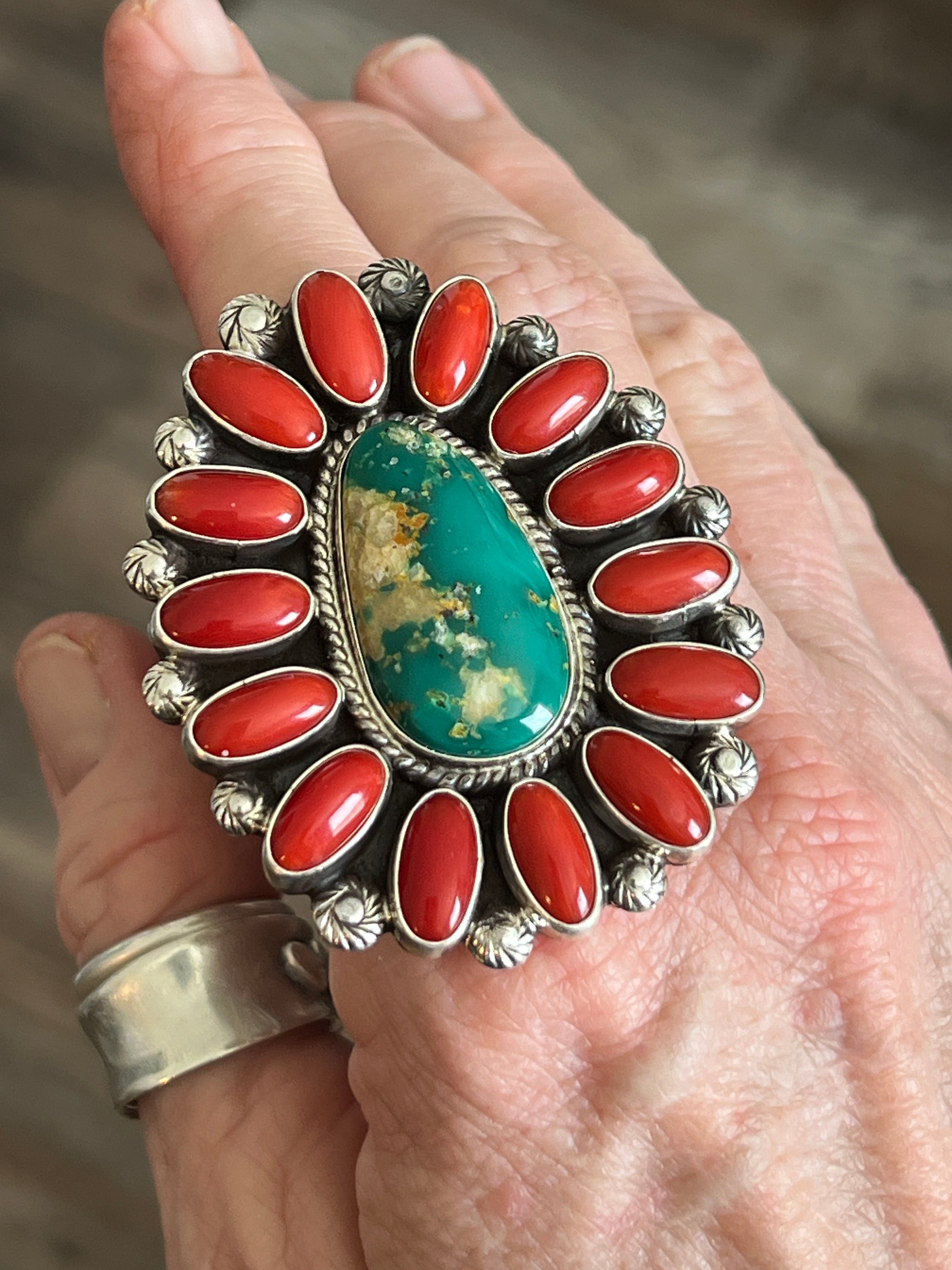 Handcrafted Sterling Silver, Royston Turquoise and Mediterranean Coral Cluster Ring by Tyler Brown, Adjustable