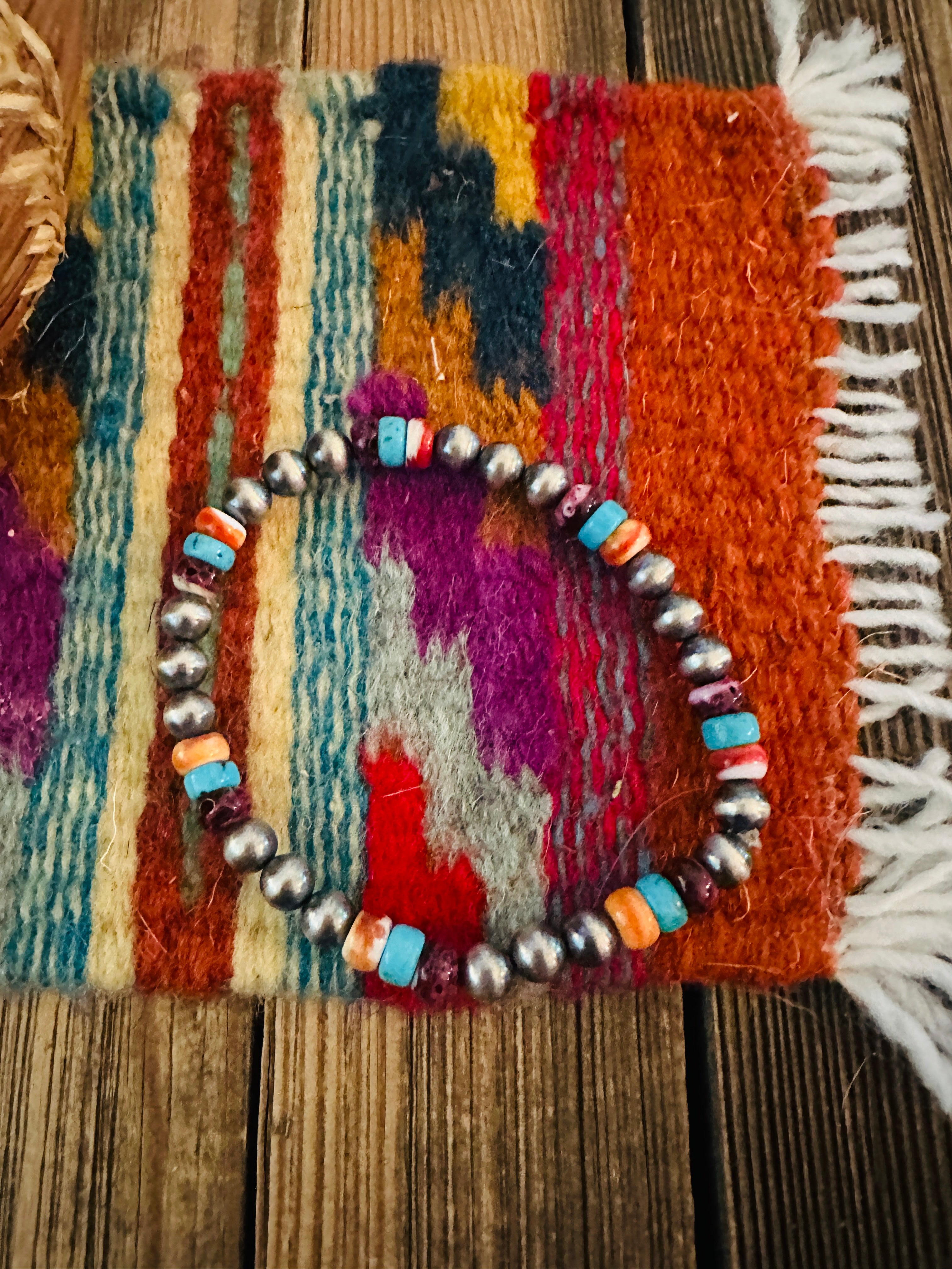 Handcrafed Turquoise, Spiny & Sterling Silver Pearl Beaded Stretch Bracelet