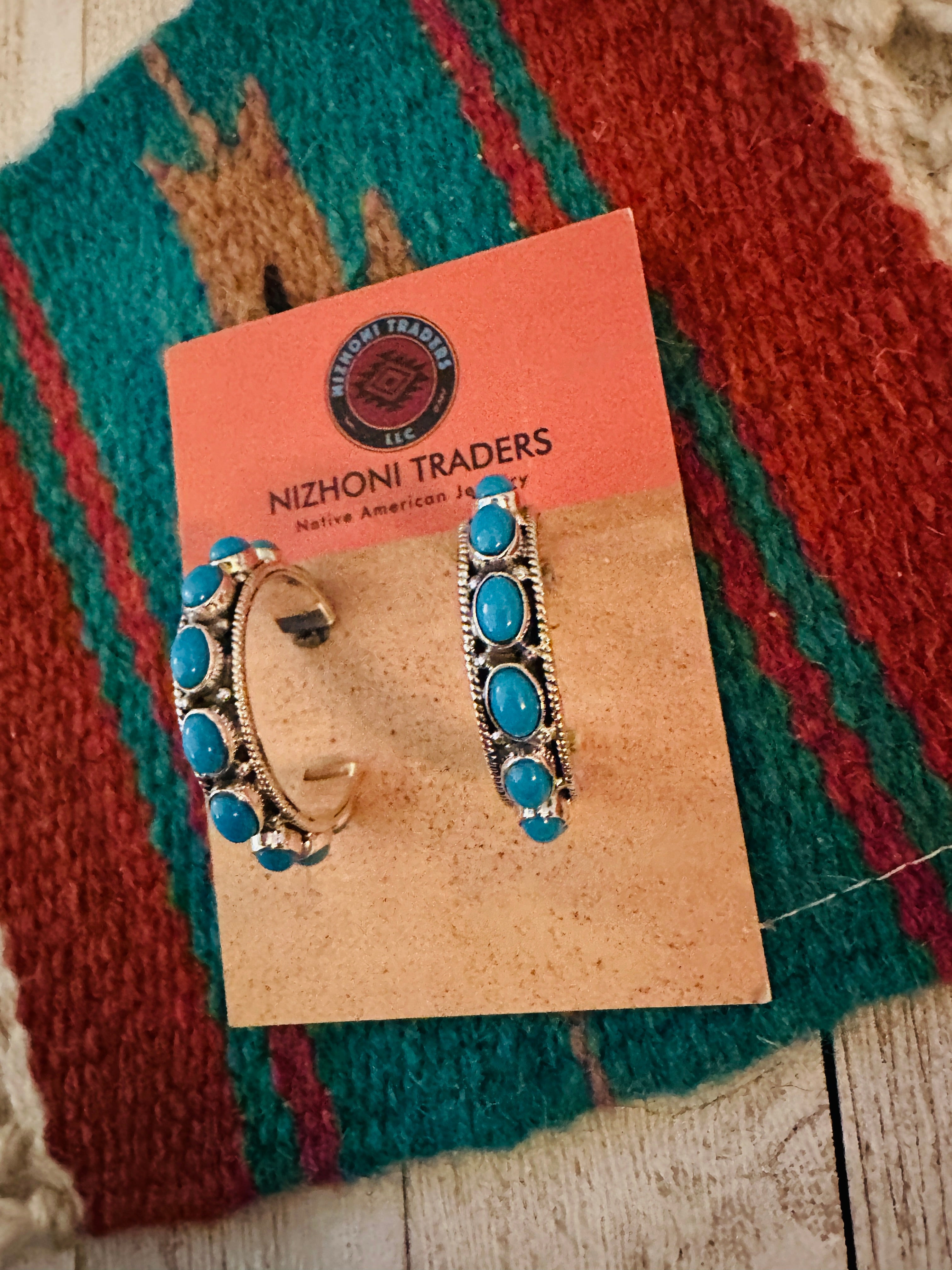 Navajo Sterling Silver & Turquoise Hoop Earrings