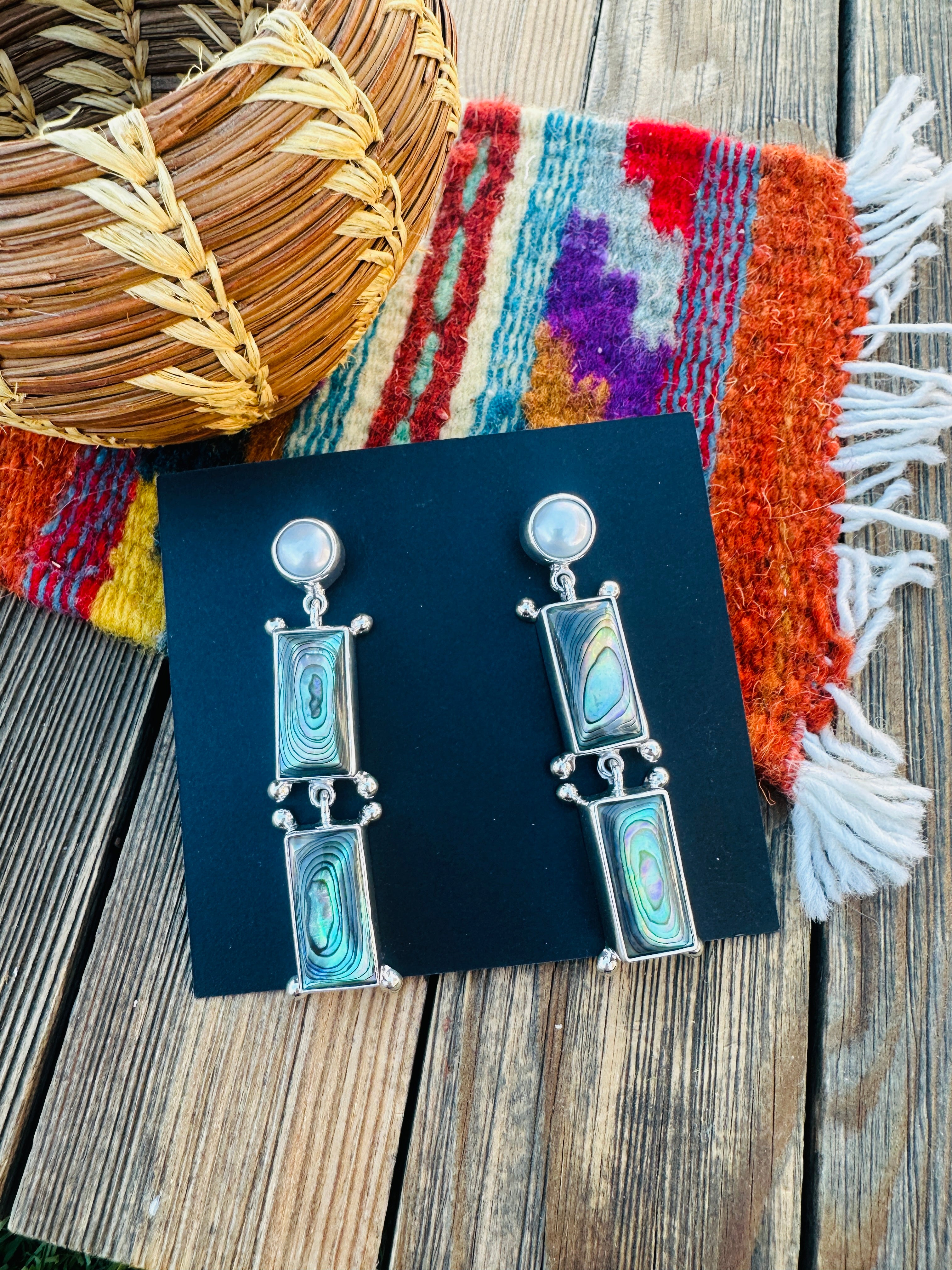 Handcrafted Abalone, Mother of Pearl & Sterling Silver Dangle Earrings by Federico Jimenez