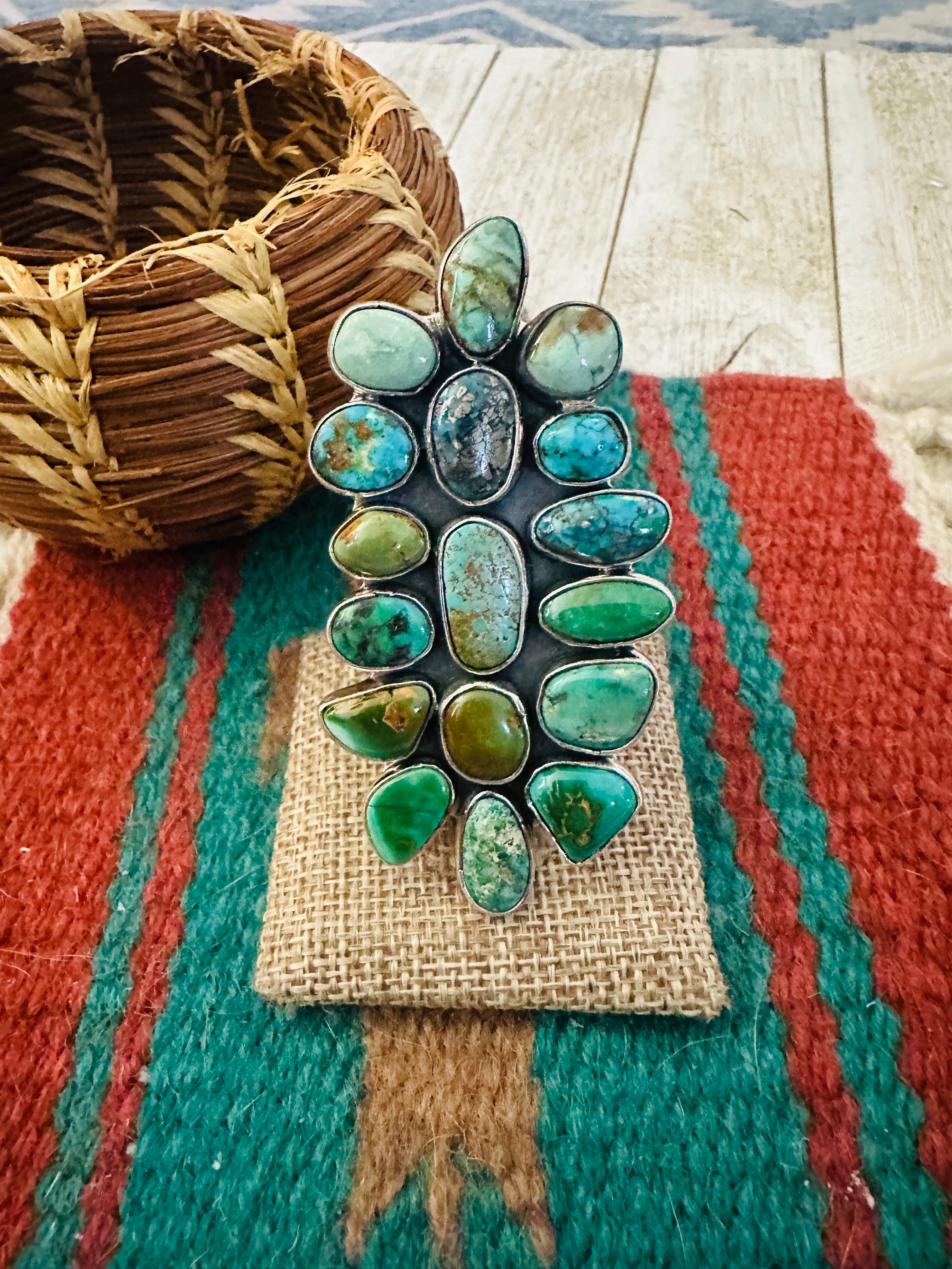 Handcrafted Turquoise & Sterling Silver Cluster Adjustable Ring by Federico Jimenez