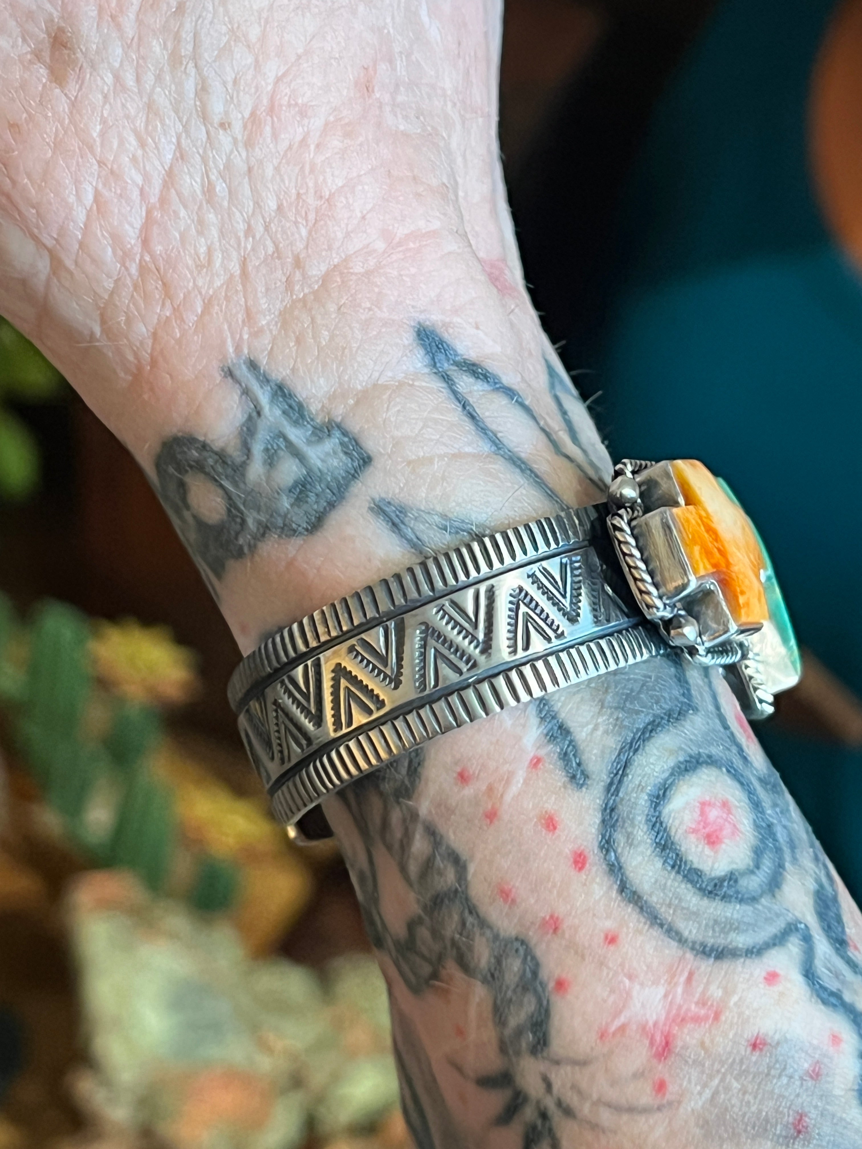 Handcrafted Hand Stamped Sterling Silver, Kingman Turquoise and Spiny Oyster Cross Cuff Bracelet by Bernyse Chavez