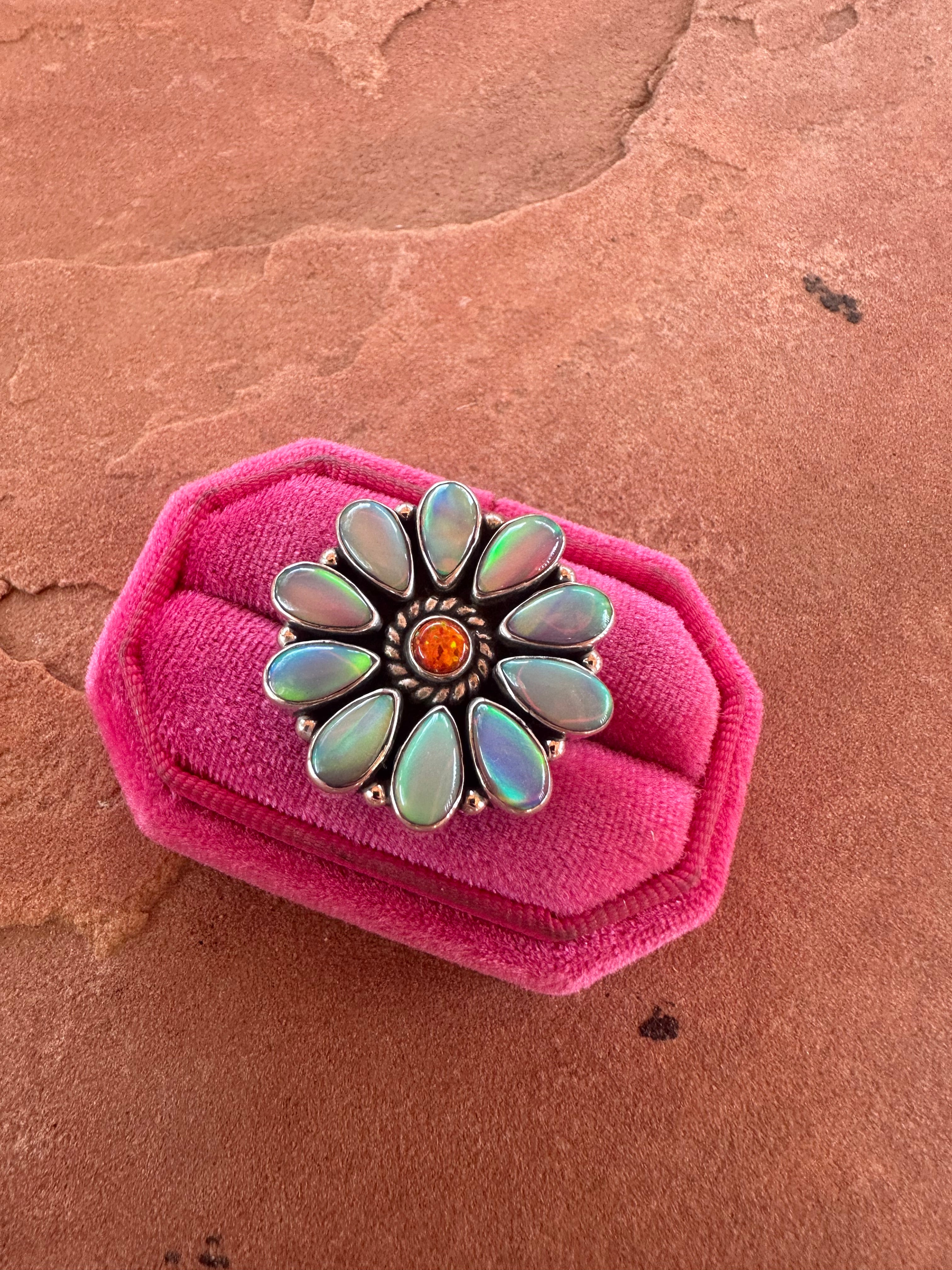 Beautiful Handmade Pink Opal, Orange Fire Opal And Sterling Silver Adjustable Flower Ring