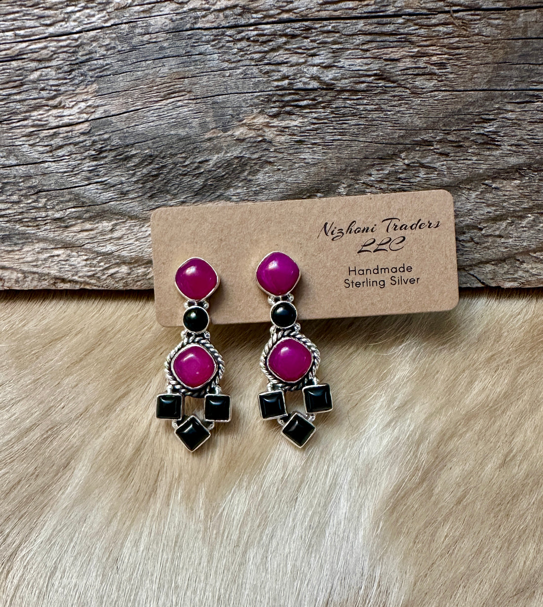 Handmade Pink & Black Onyx Sterling Silver Post Earrings