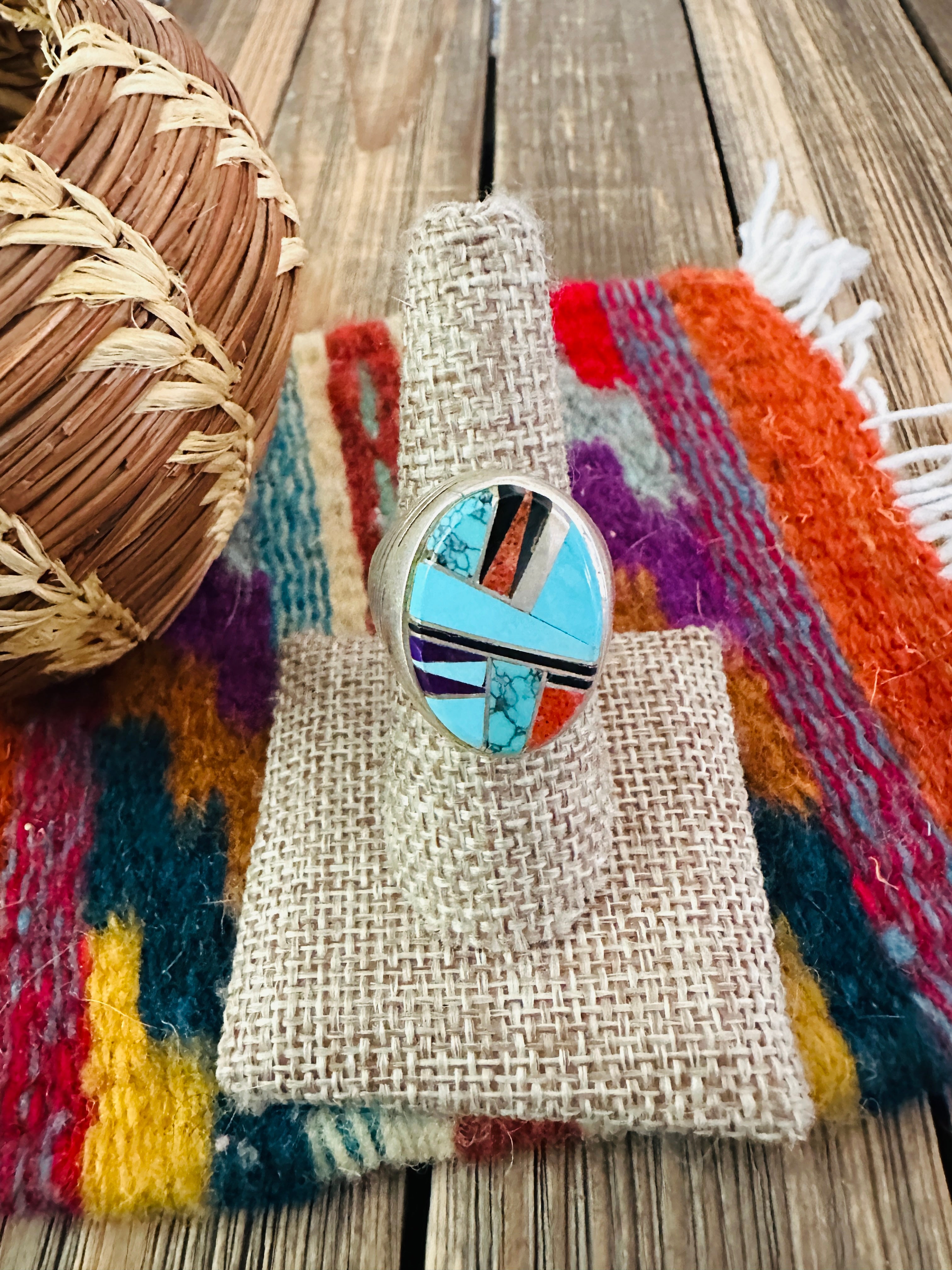 Old Pawn Handcrafted Multi Stone & Sterling Silver Inlay Ring Size 7.5 by Calvin Begay