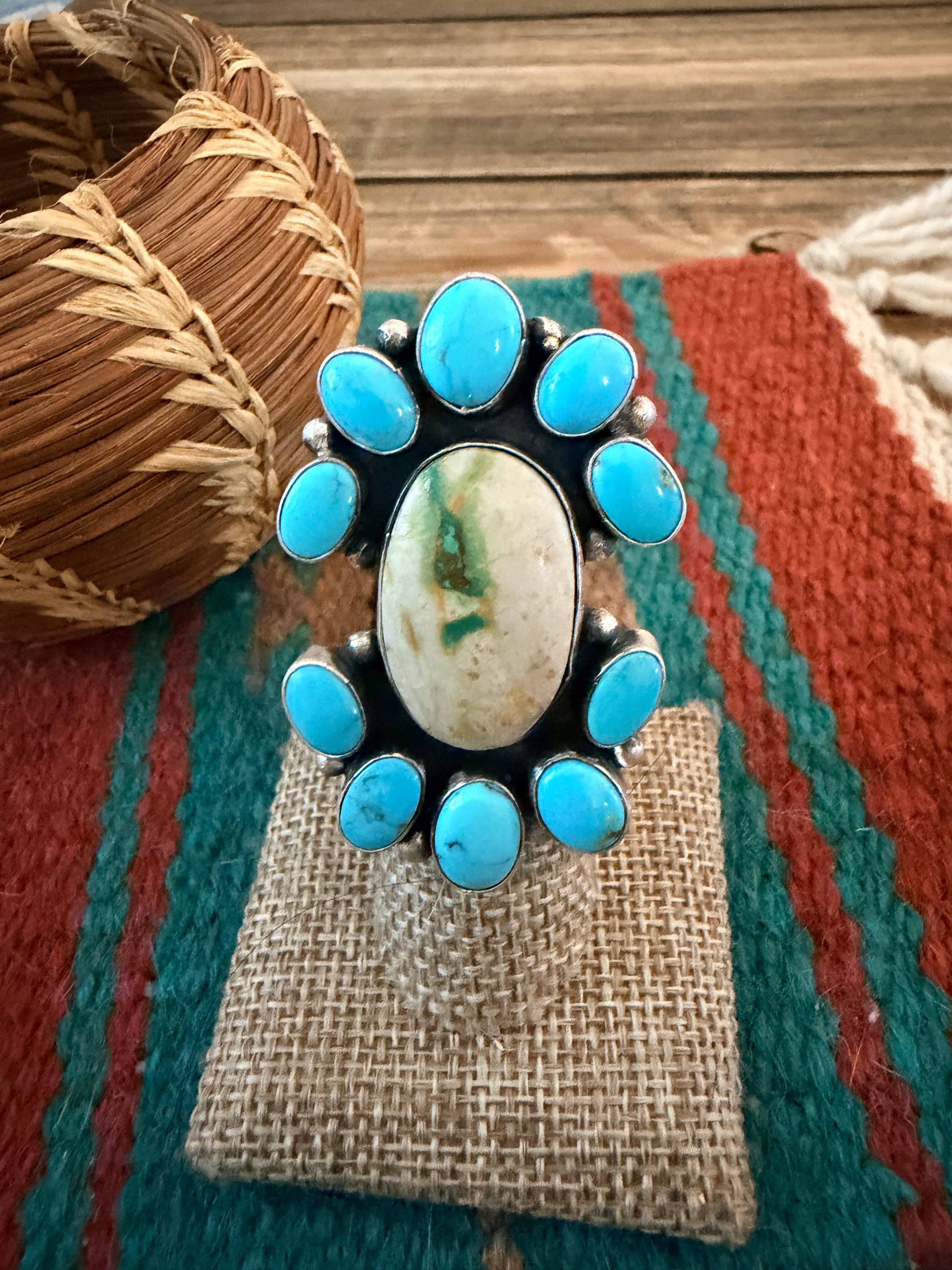 Handcrafted Multi Turquoise & Sterling Silver Ring Size 5.75 by Ella Peter