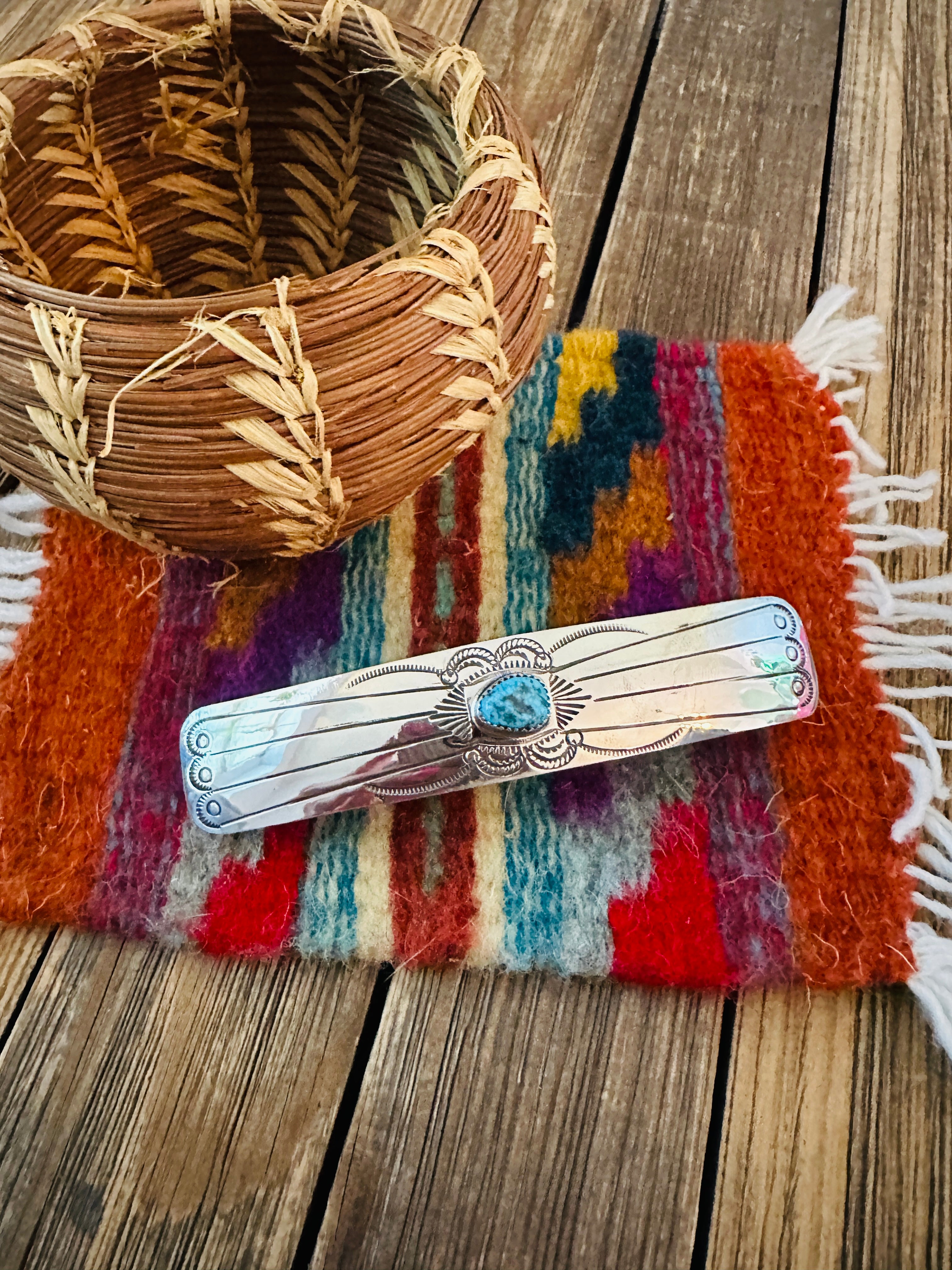 Handcrafted Turquoise & Sterling Silver Concho Hair Barrette