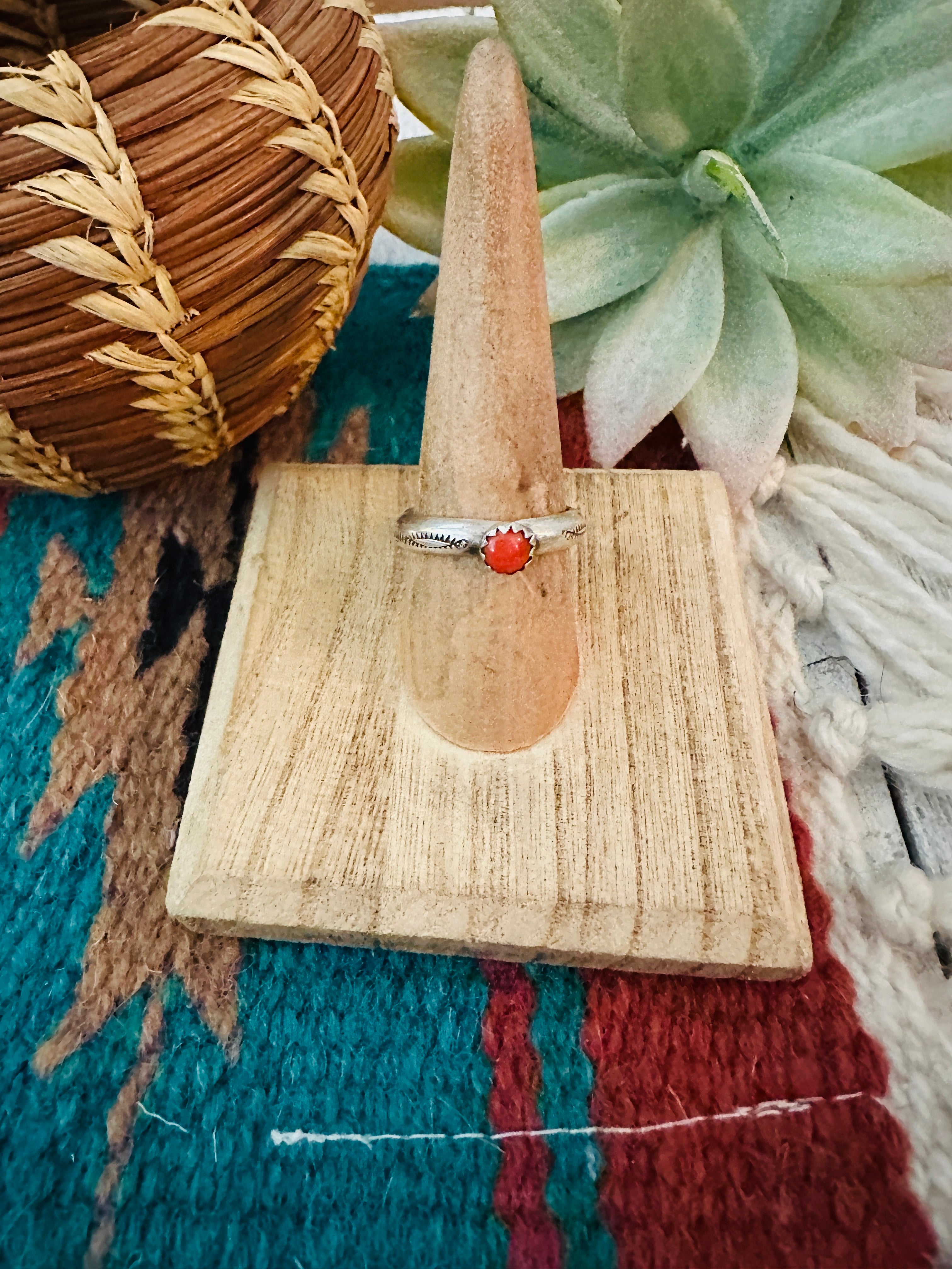 Navajo Sterling Silver & Coral Ring Size 7.75