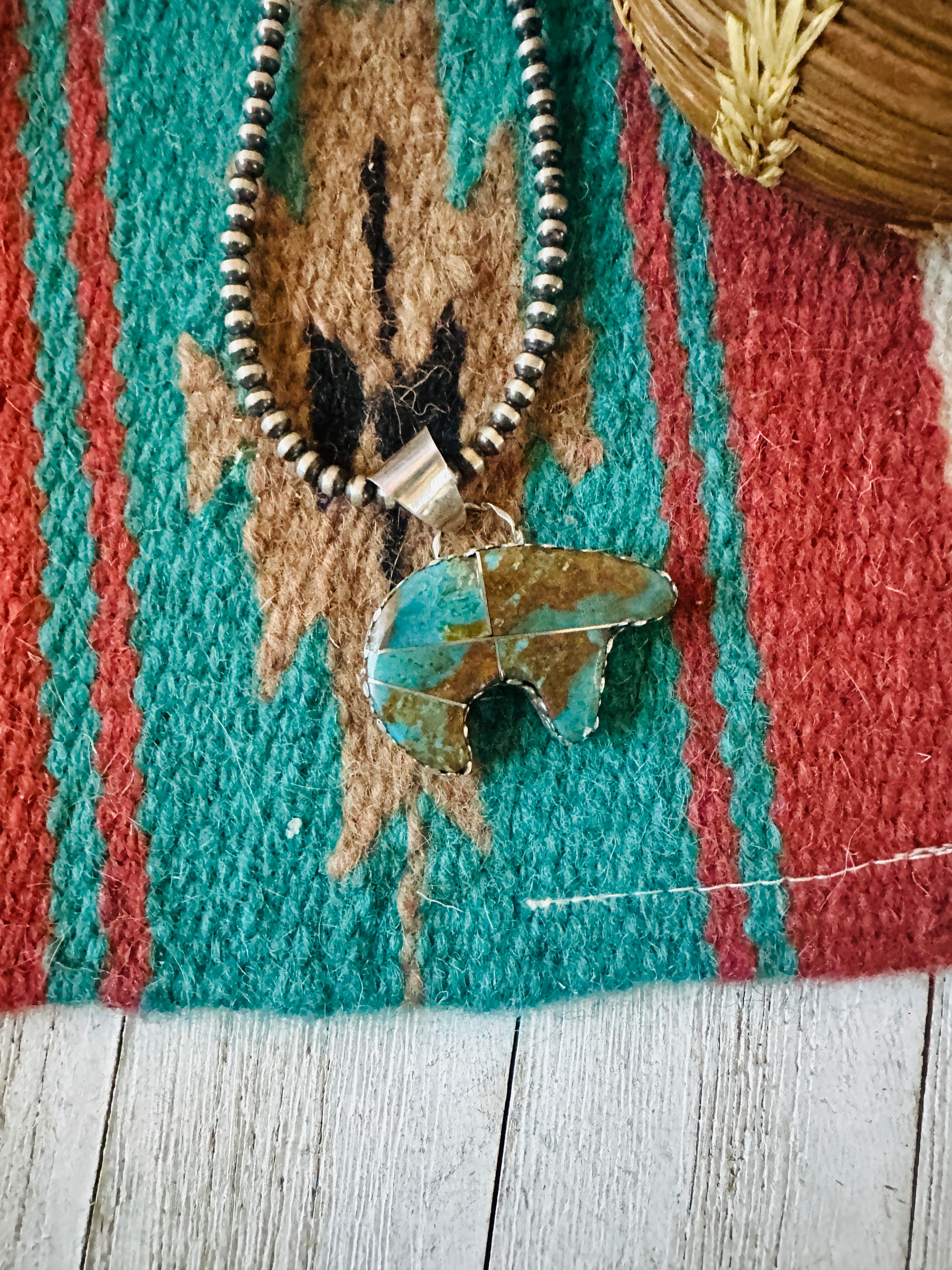 Navajo Turquoise & Sterling Silver Inlay Fetish Bear Pendant