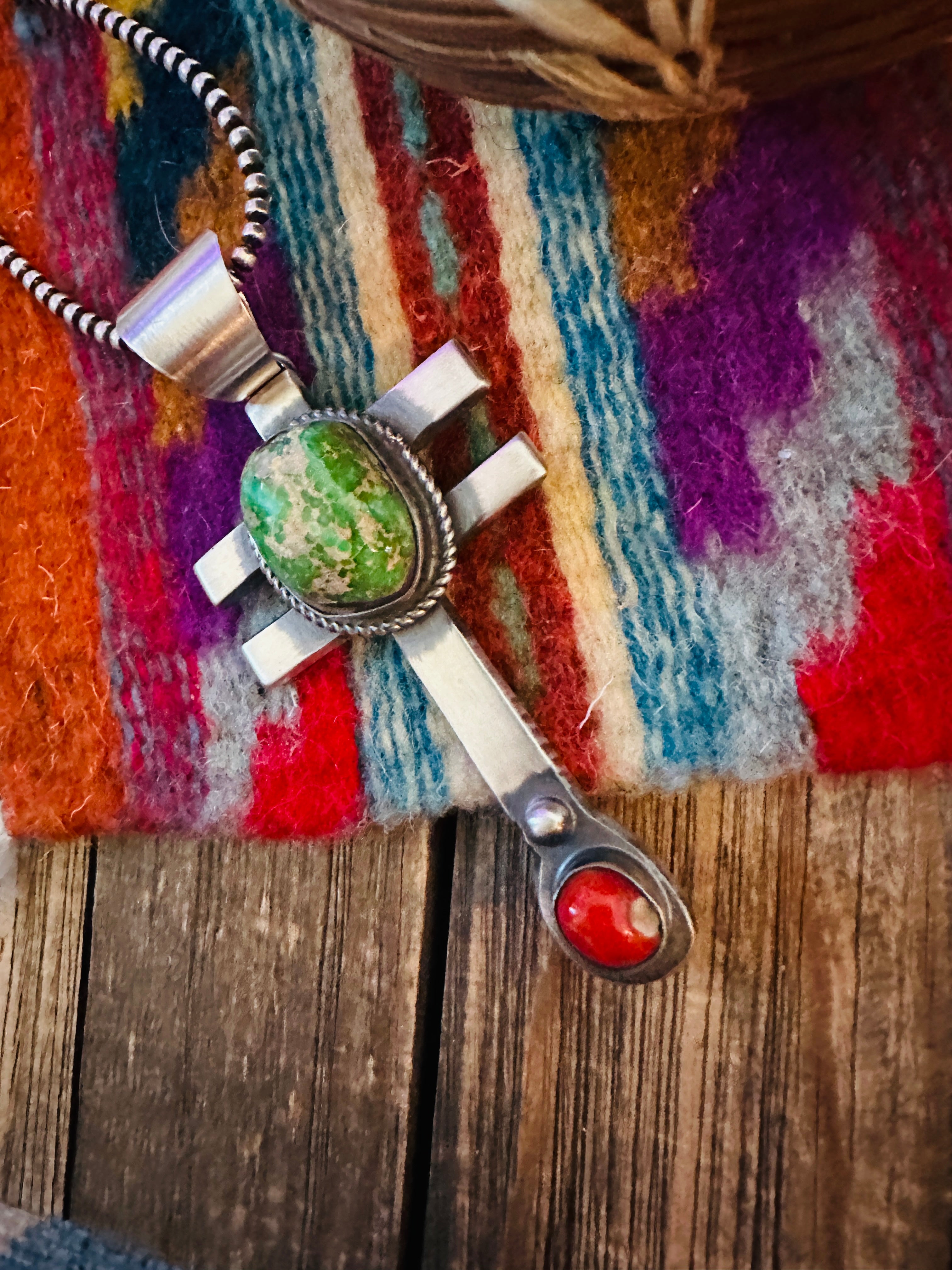 Handcrafted Sterling Silver, Turquoise & Coral Dragonfly Pendant by Chimney Butte