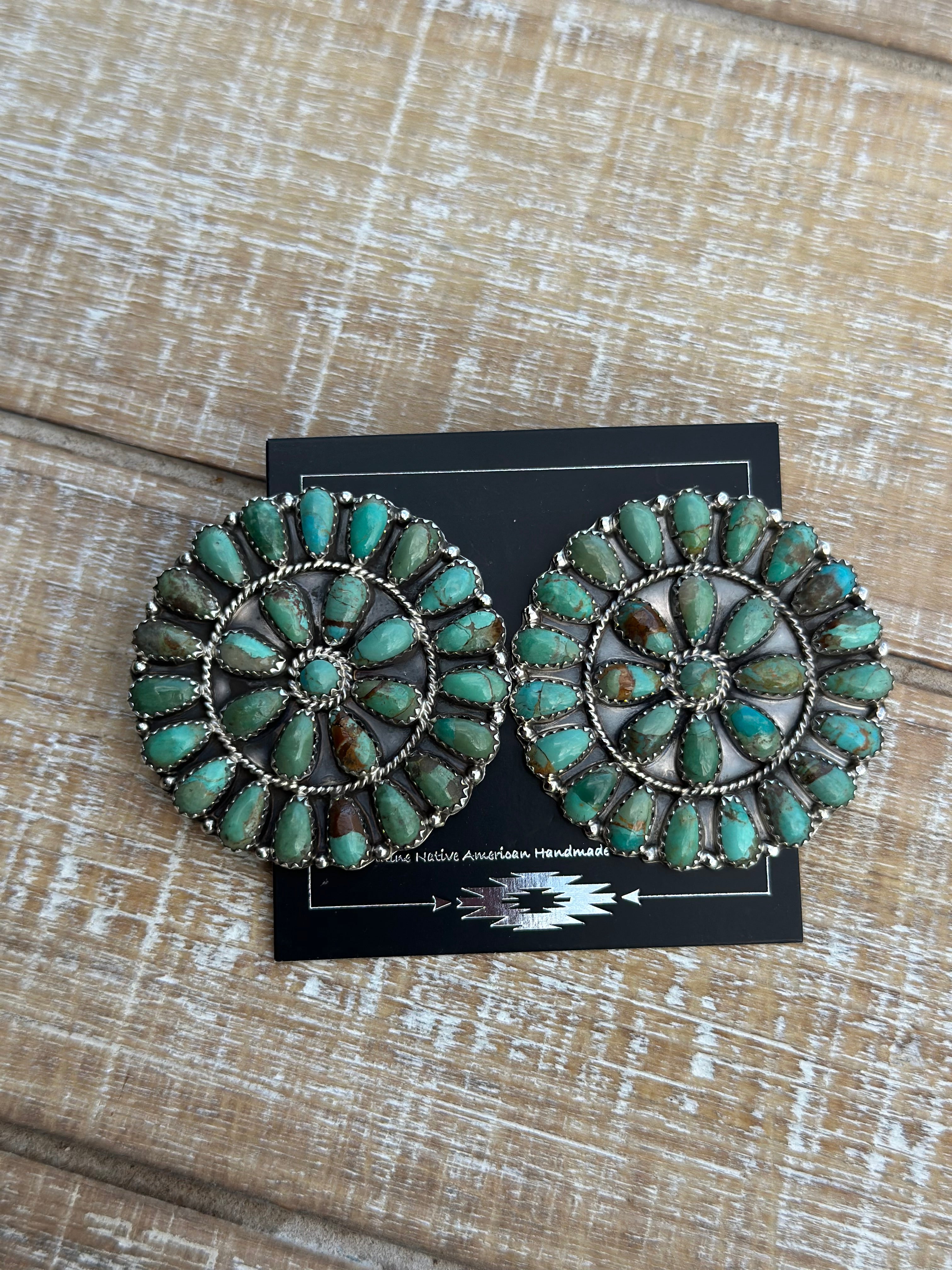 Navajo Sterling Silver & Royston Turquoise Cluster Earrings Signed