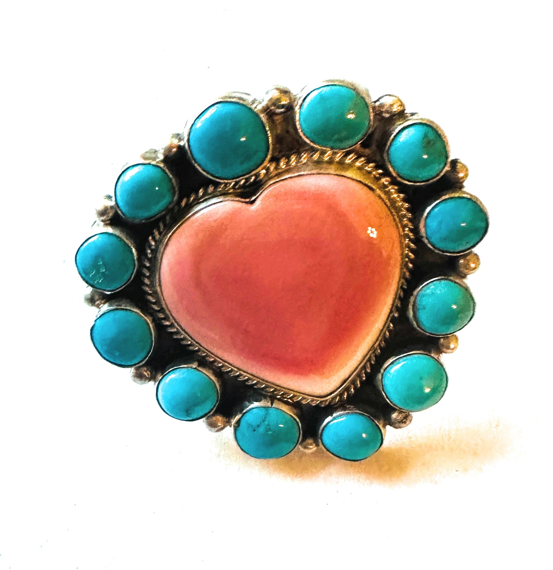 Navajo Sterling Silver, Queen Pink Conch & Turquoise Heart Adjustable Ring