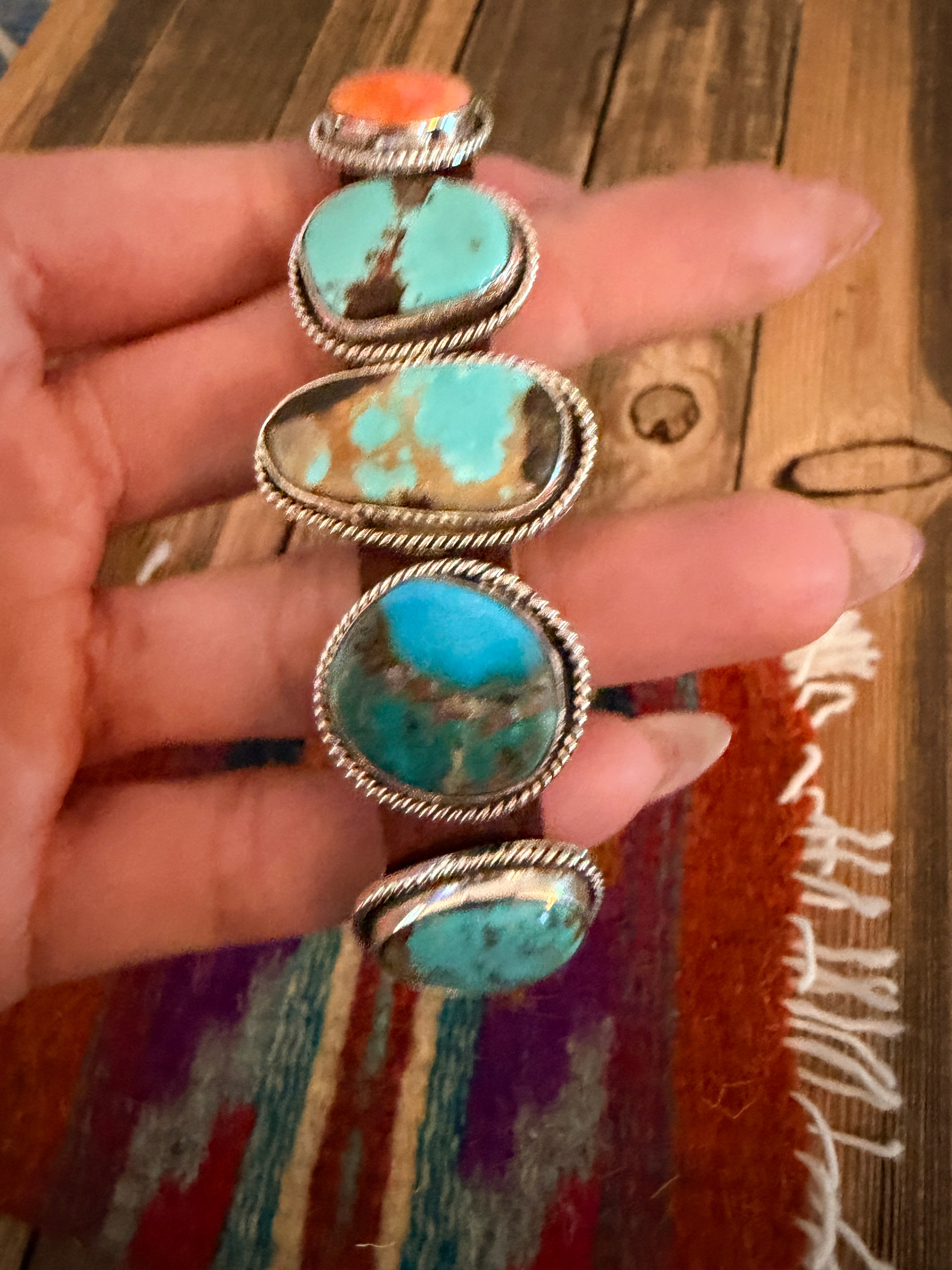 Handcrafted Multi Turquoise, Spiny & Sterling Silver Leather Bracelet