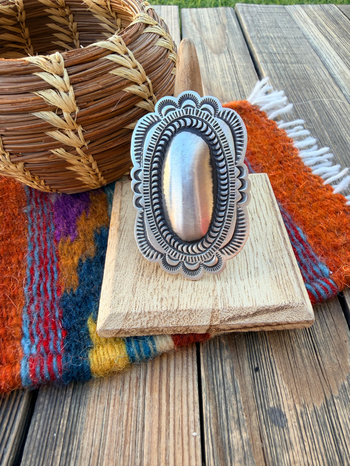 Handcrafted Sterling Silver Adjustable Concho Ring by Leander Tahe