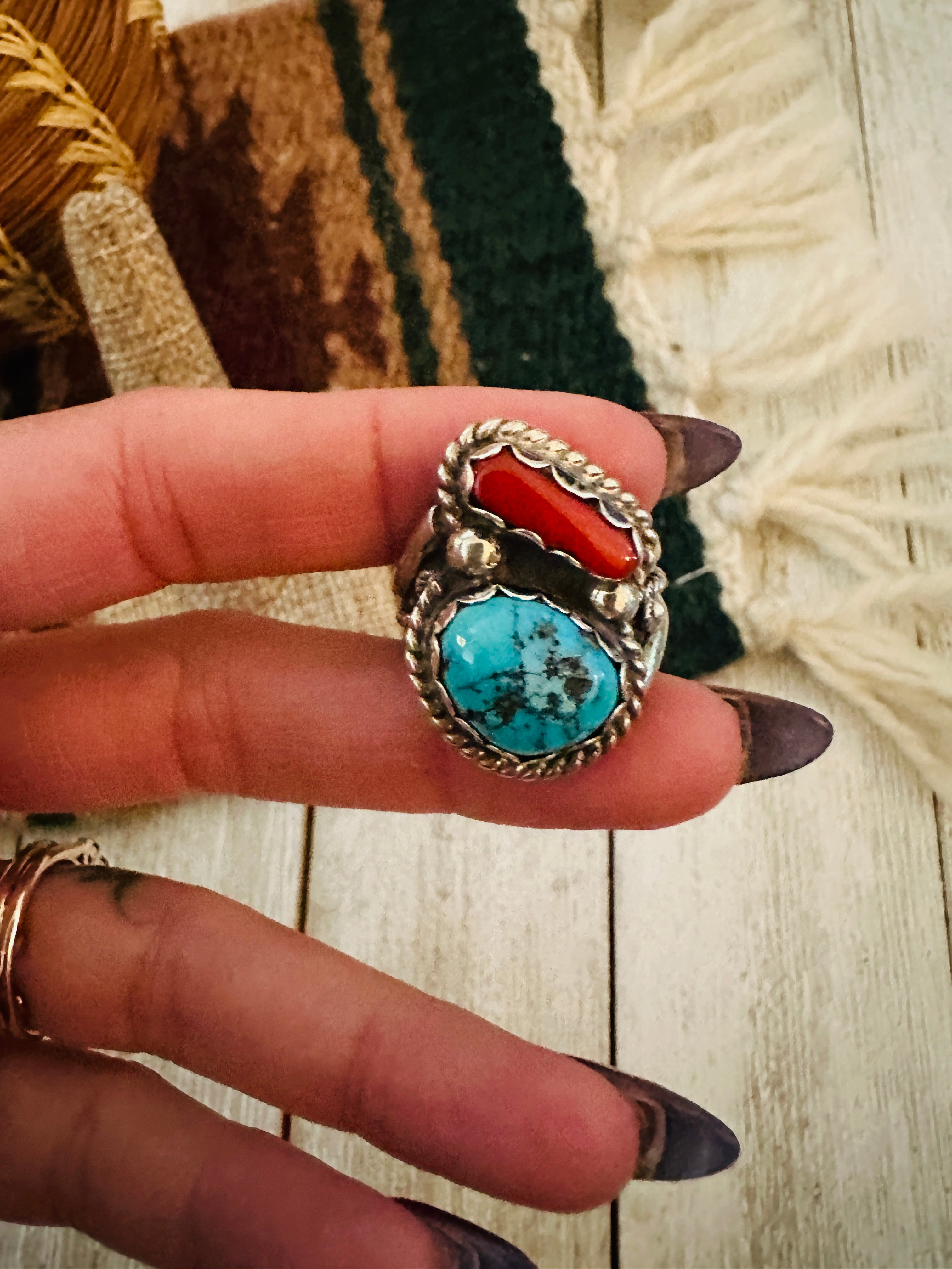 Old Pawn Handcrafted Turquoise, Coral & Sterling Silver Ring Size 9