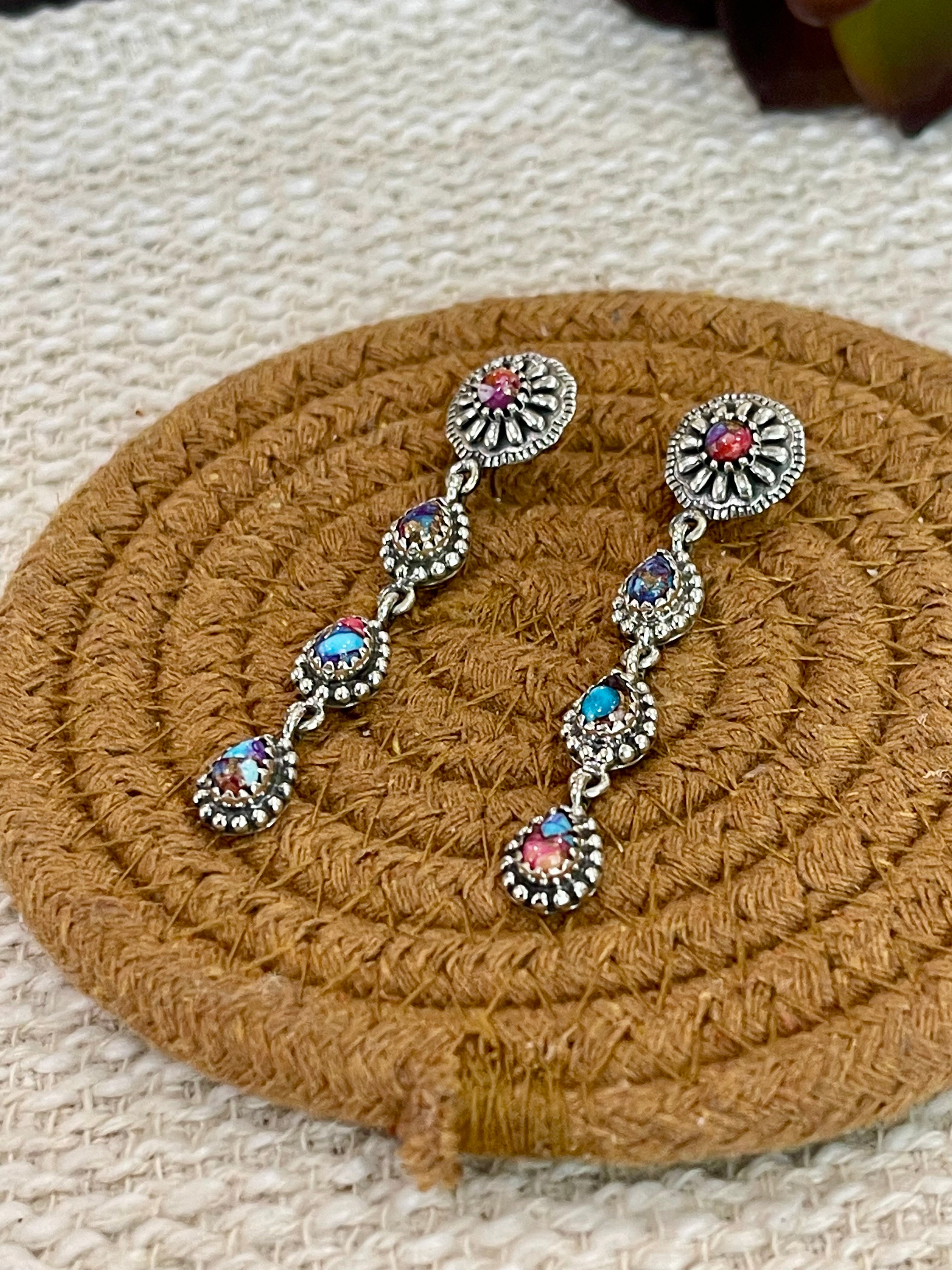 Handmade Sterling Silver, Pink Dream & Turquoise Post Dangle Earrings