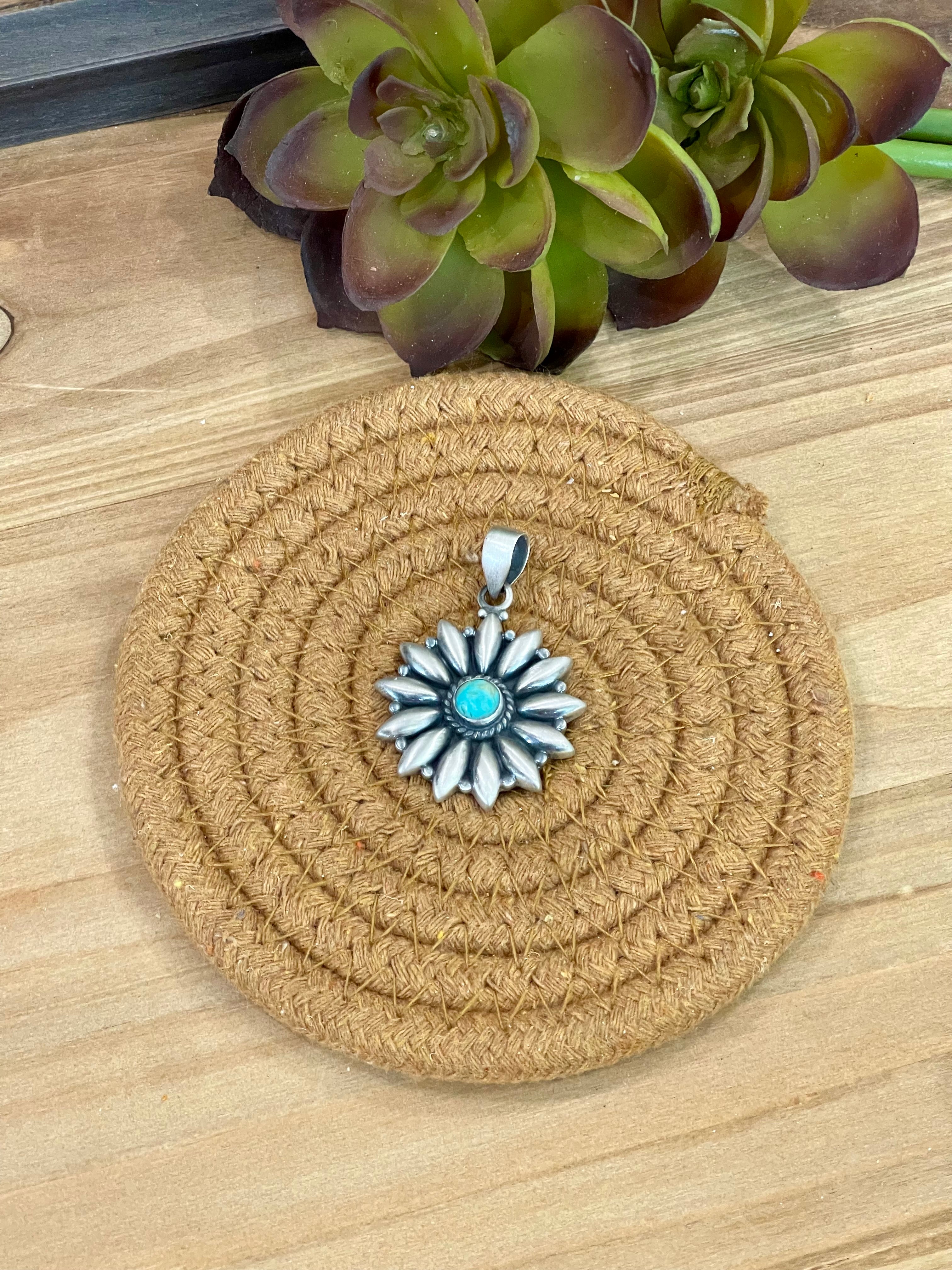 Handmade Sterling Silver Kingman Turquoise Pendant with Signed Nizhoni