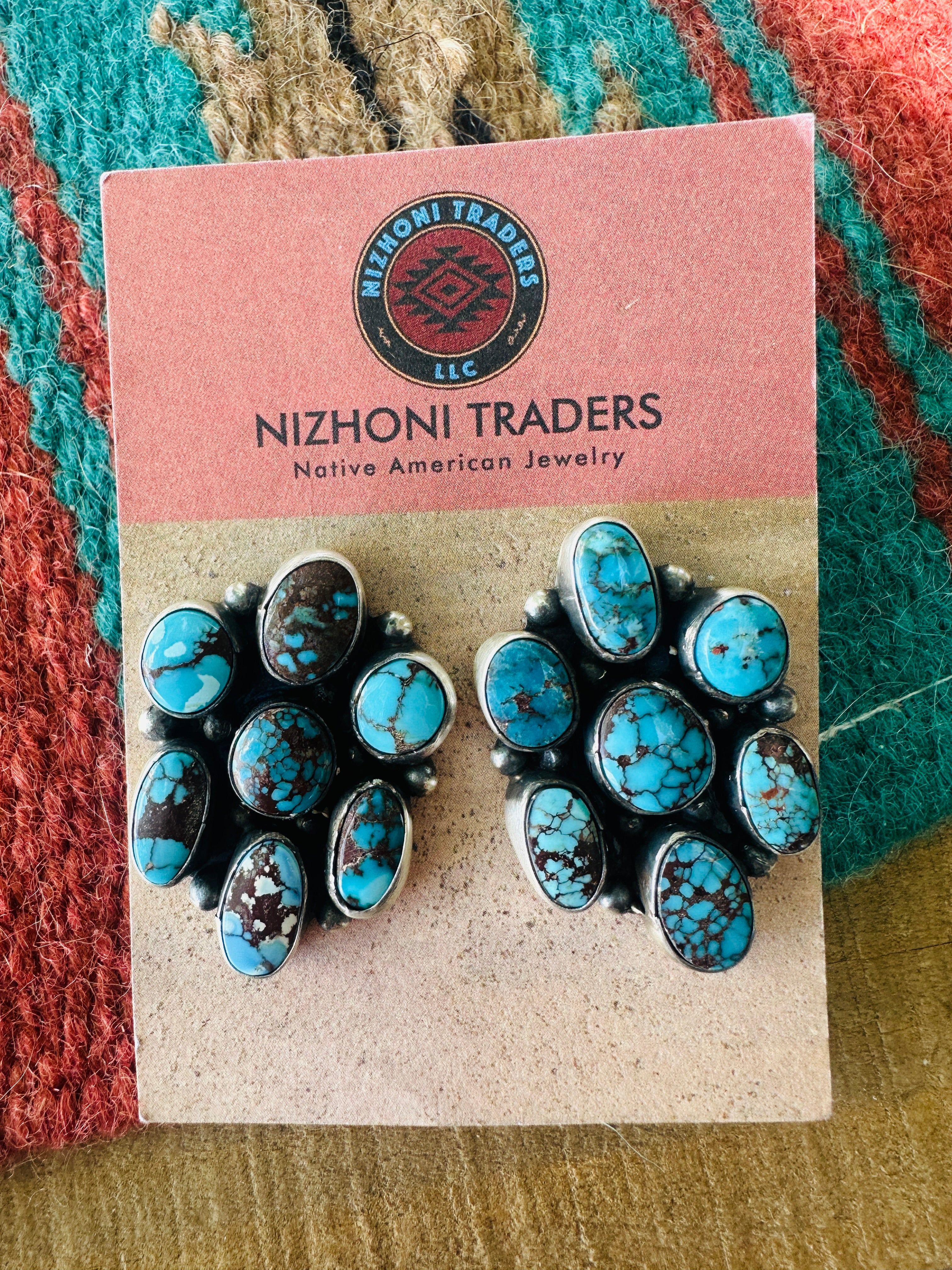 Handcrafted Sterling Silver & Kingman Web Turquoise Cluster Post Earrings