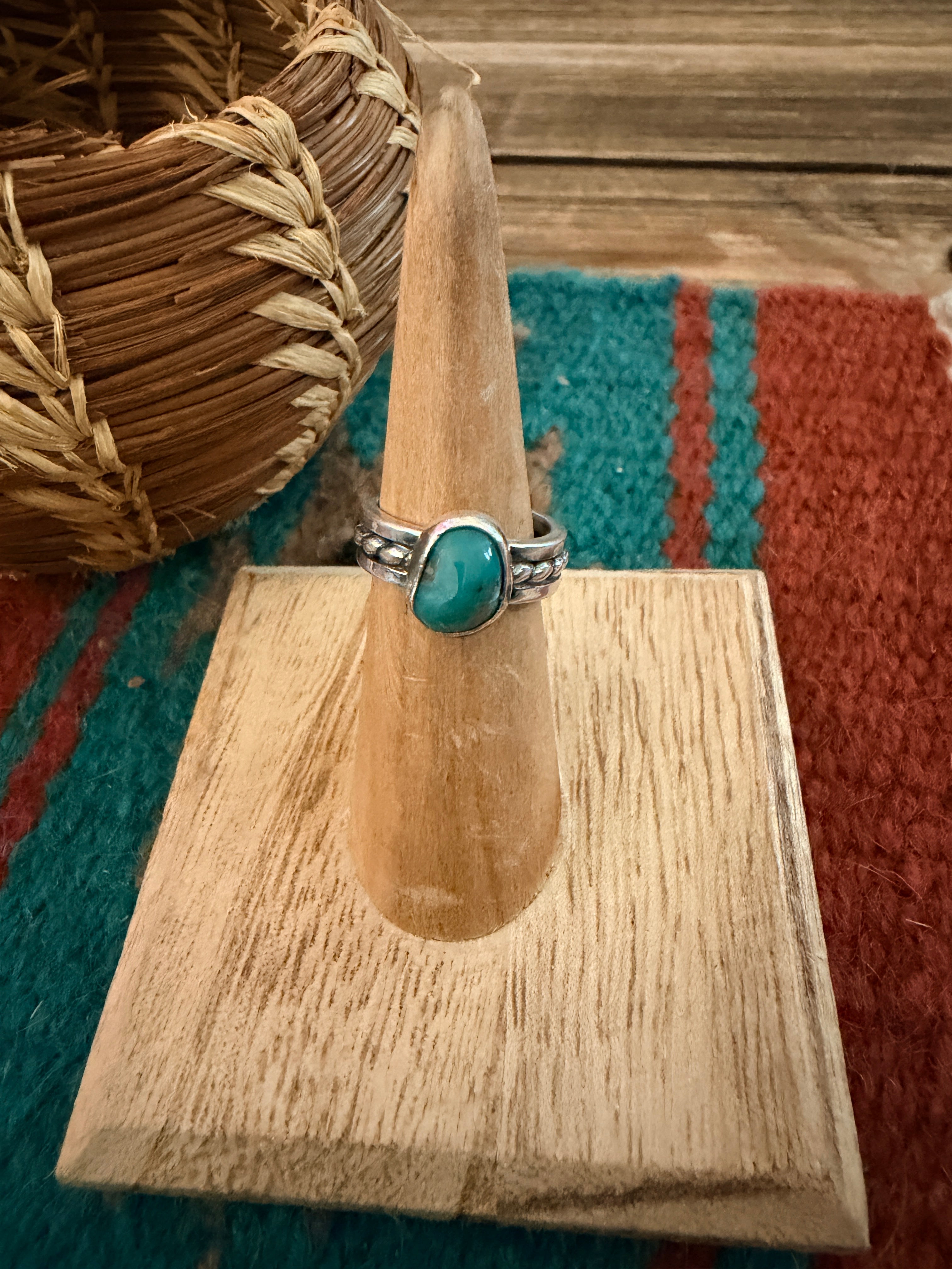 Handcrafted Turquoise & Sterling Silver Band Ring Size 4.5
