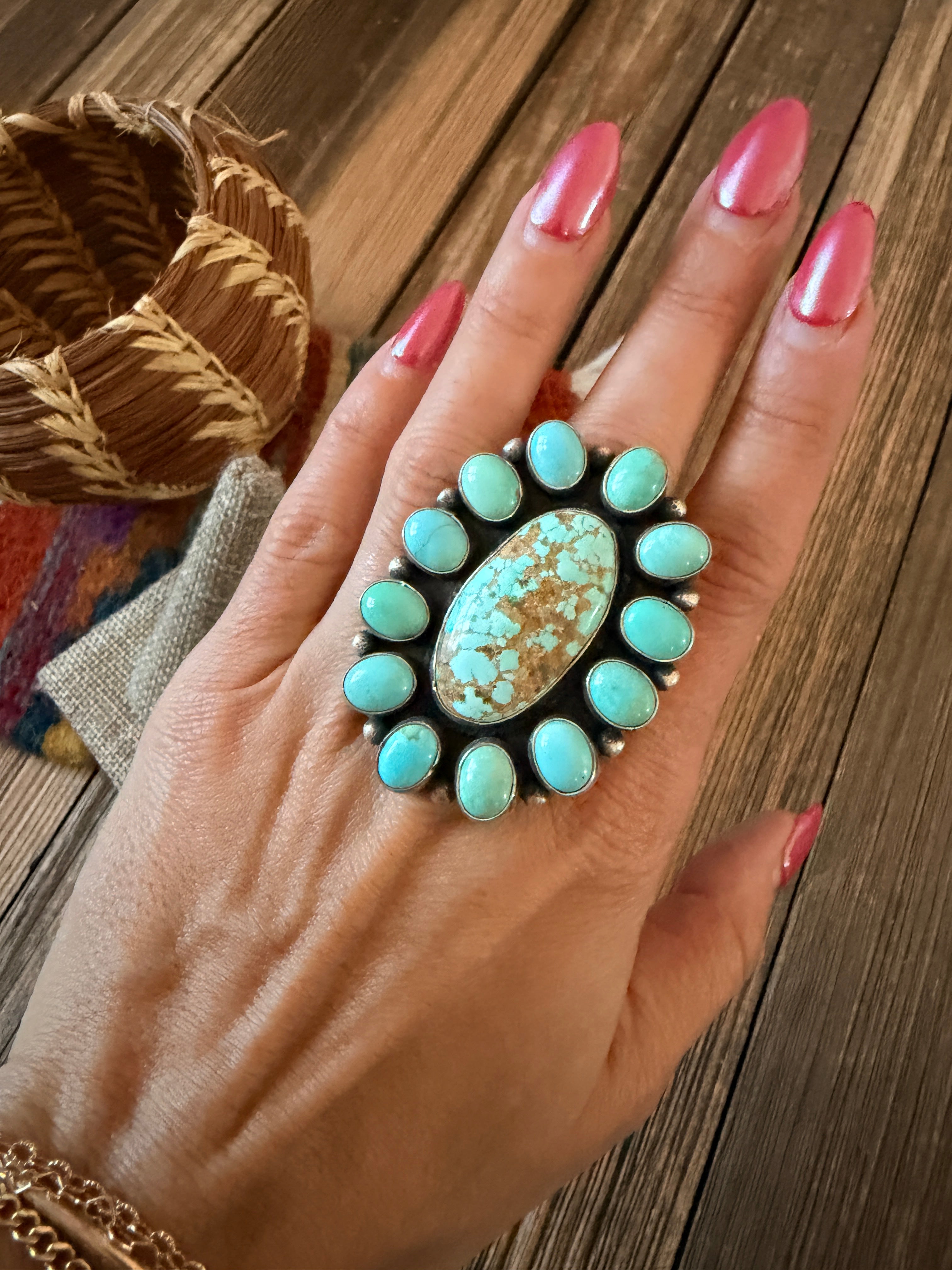Handcrafted Turquoise & Sterling Silver Cluster Ring Size 12 by Sheila Becenti