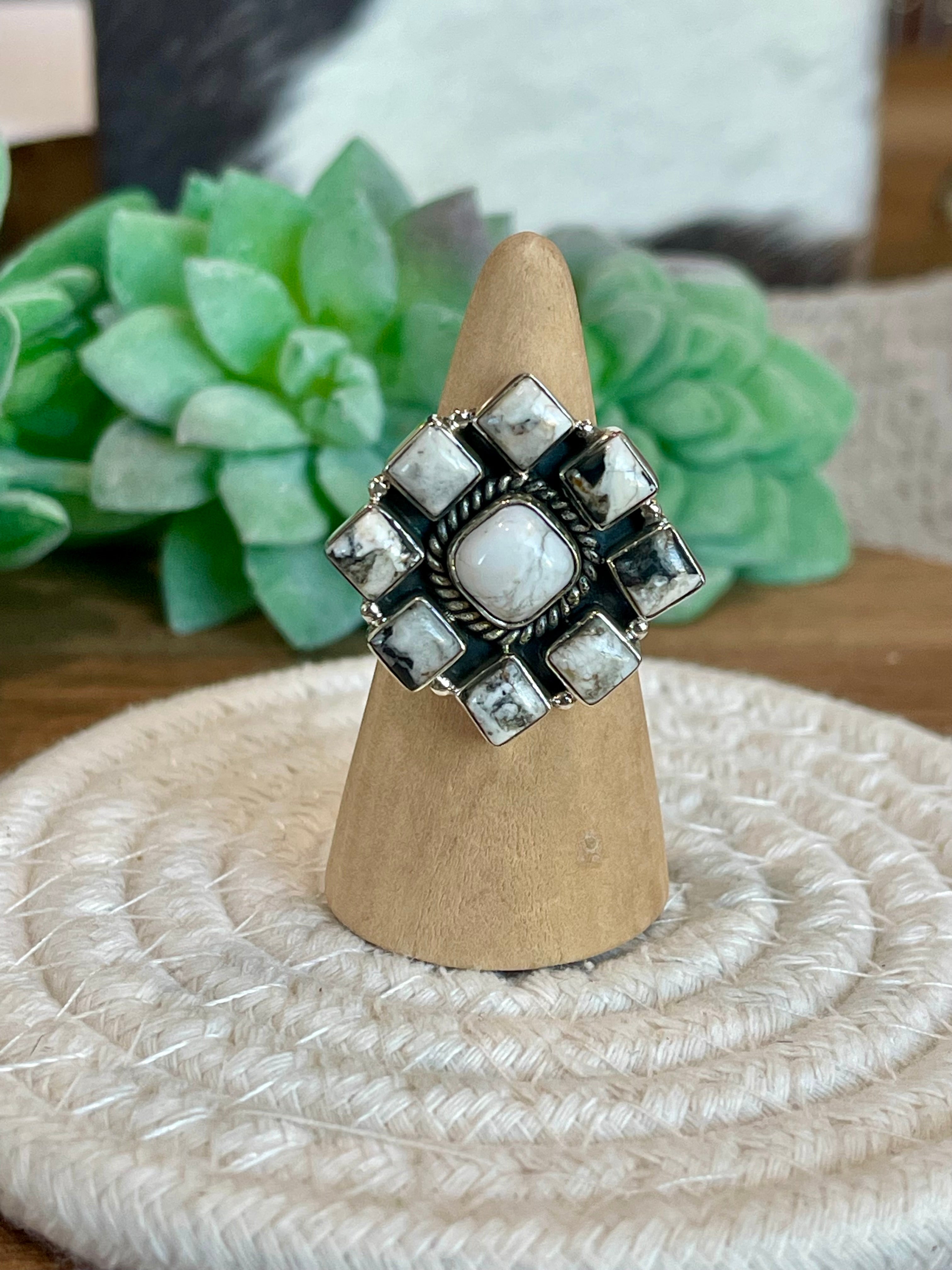 Beautiful Handmade White Buffalo And Sterling Silver Adjustable Cluster Ring