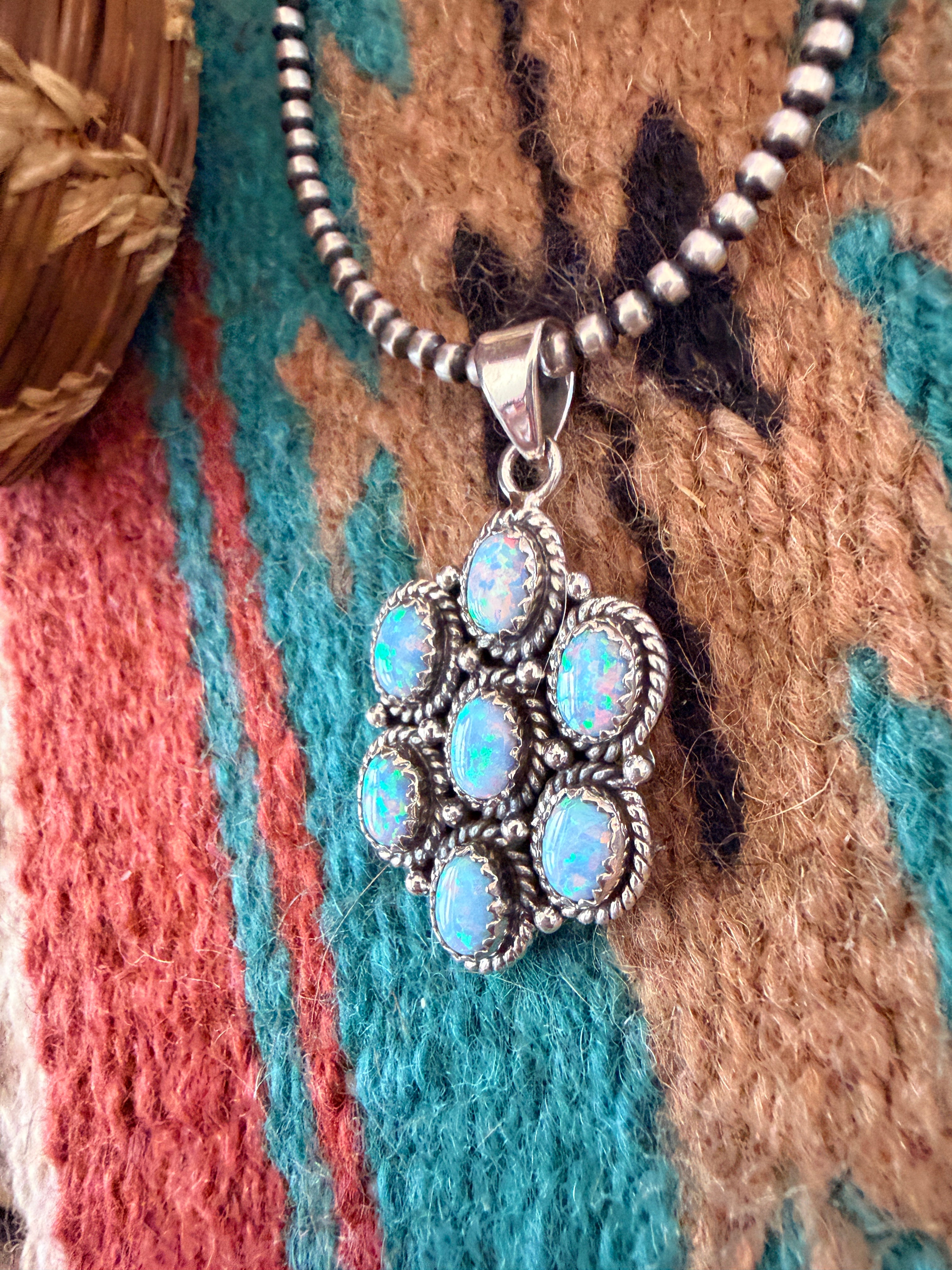 Handmade Sterling Silver & Opal Cluster Pendant Signed Nizhoni