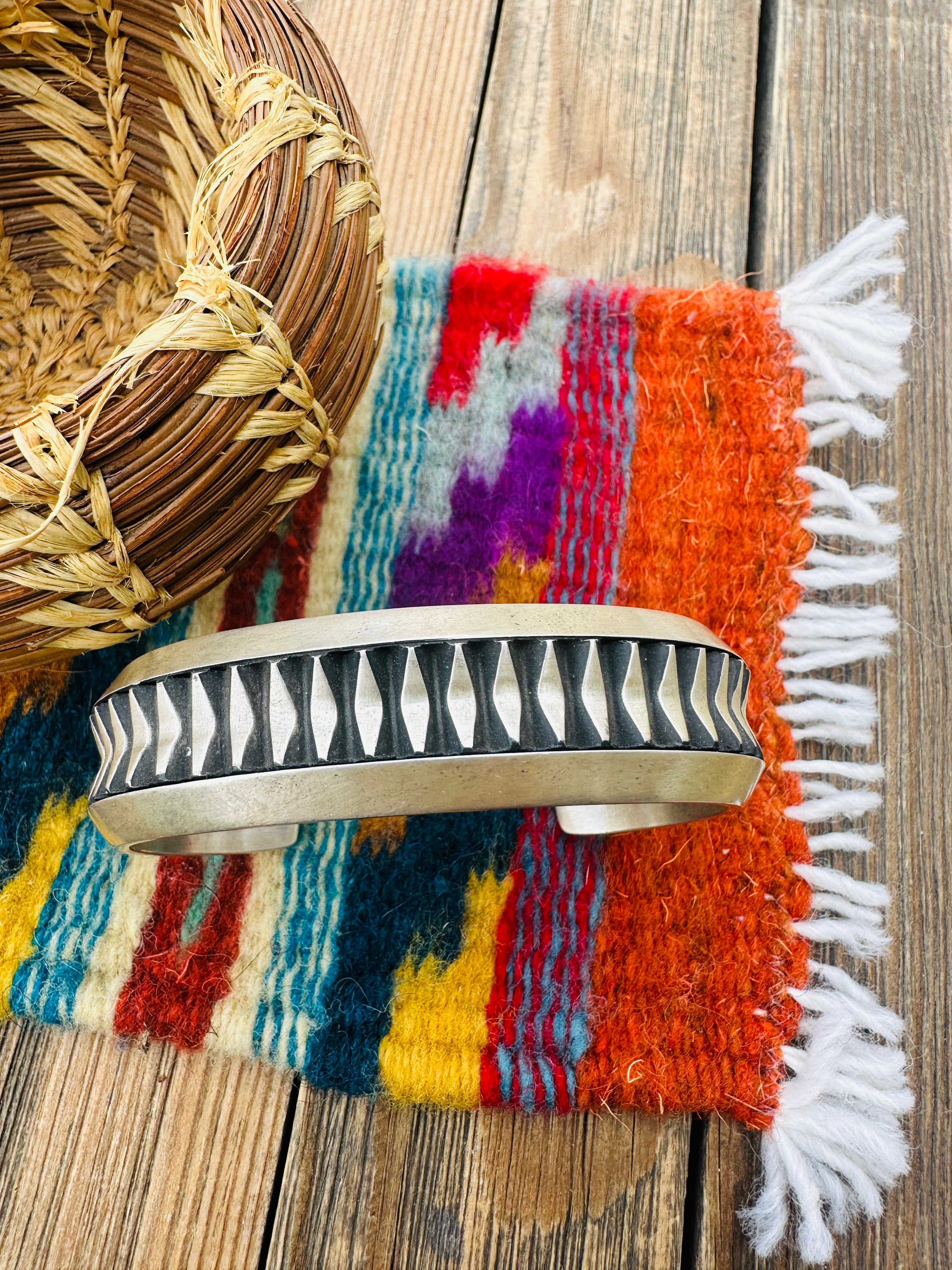 Hand Stamped Sterling Silver Cuff Bracelet by Leander Tahe