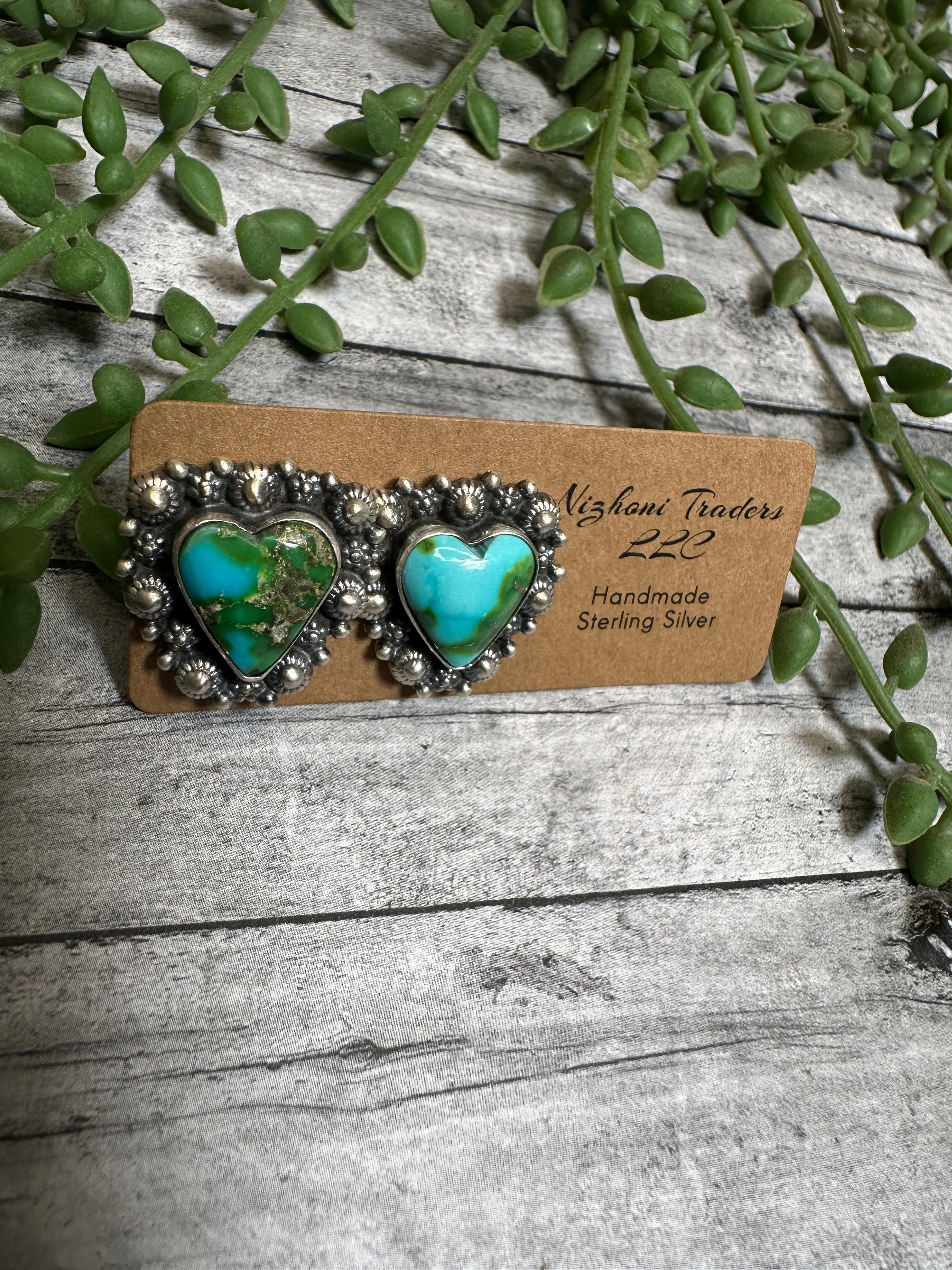 Handmade Sonoran Mountain Turquoise and Sterling Silver Post Heart Earrings BLUES