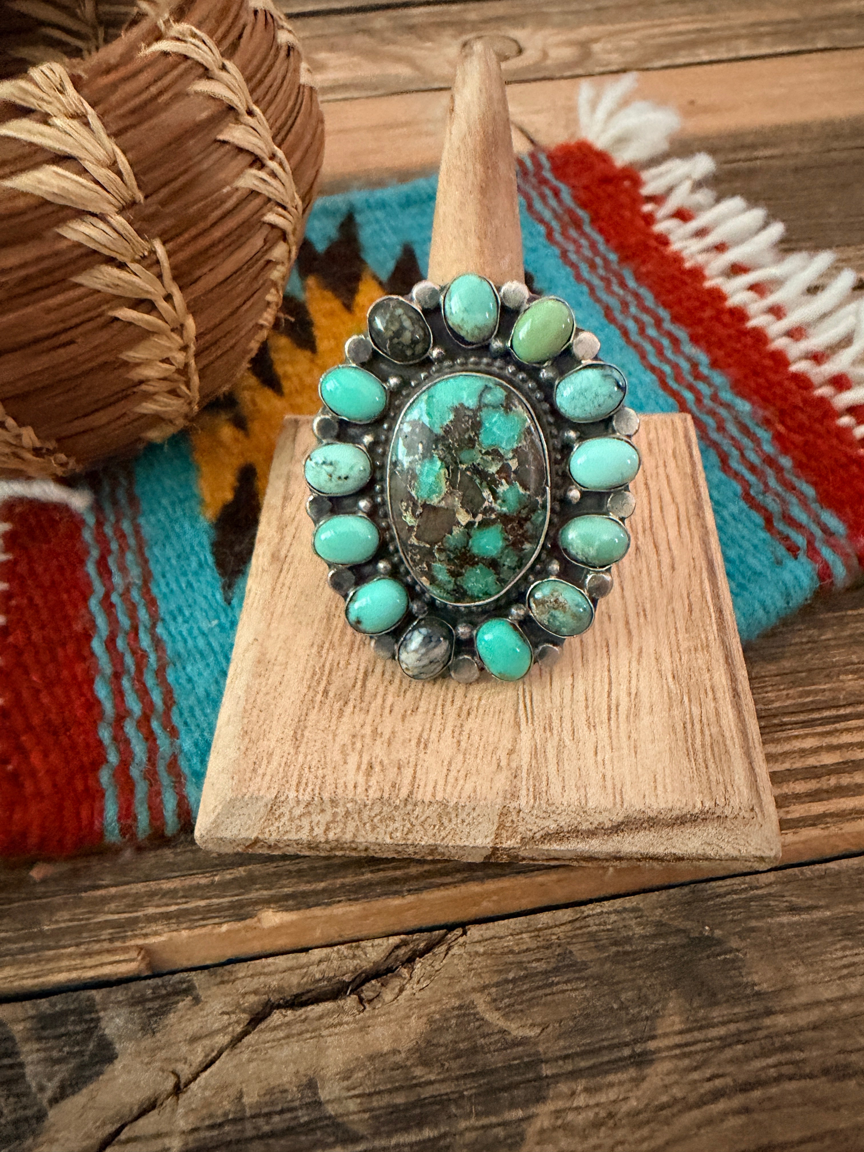 Handcrafted Multi Turquoise & Sterling Silver Cluster Ring by Sheila Becenti Size 8.25