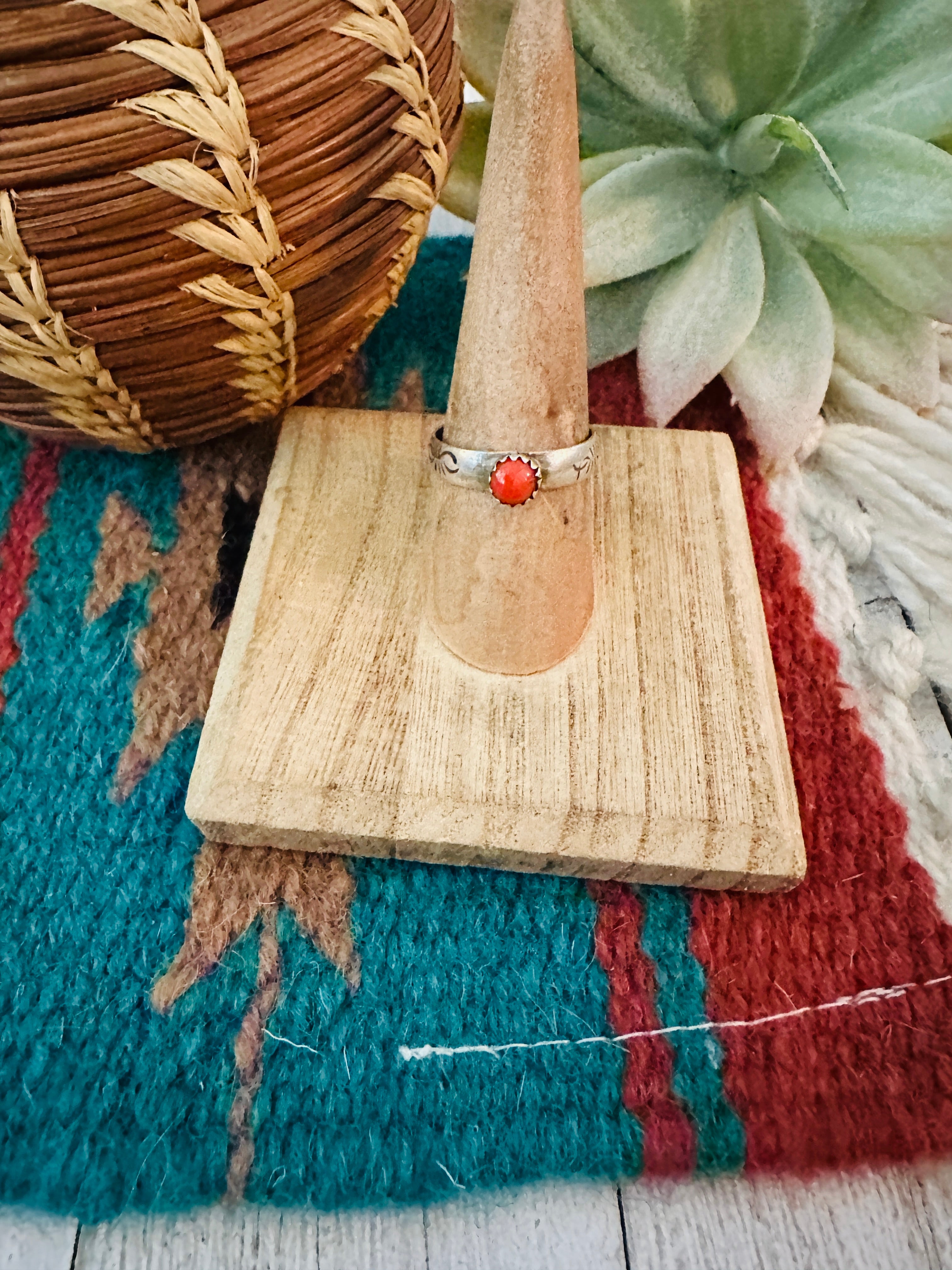 Navajo Sterling Silver & Coral Ring Size 7.5