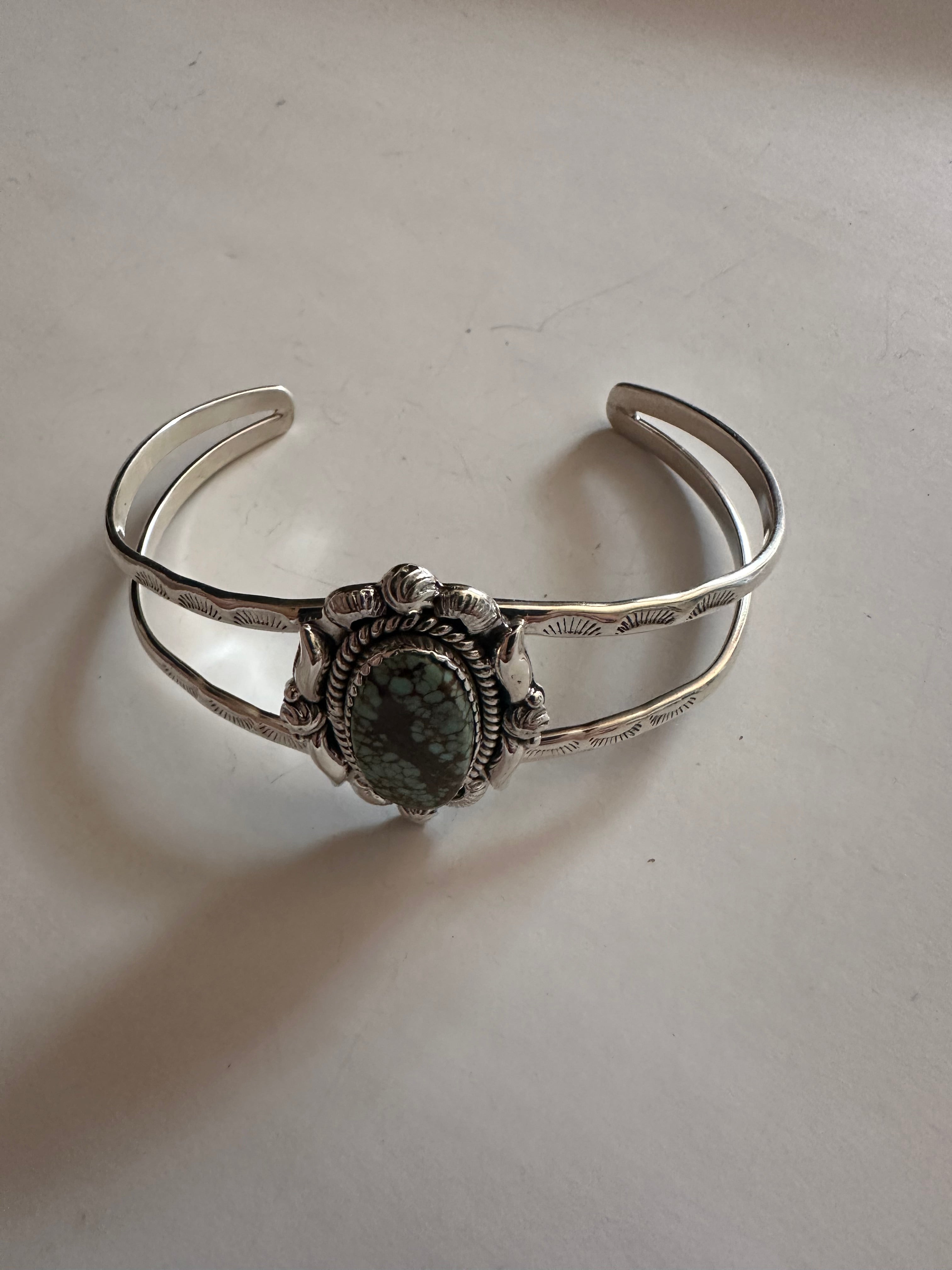 Handmade Sterling Silver & Single Stone Number 8 Turquoise Adjustable Cuff Bracelet