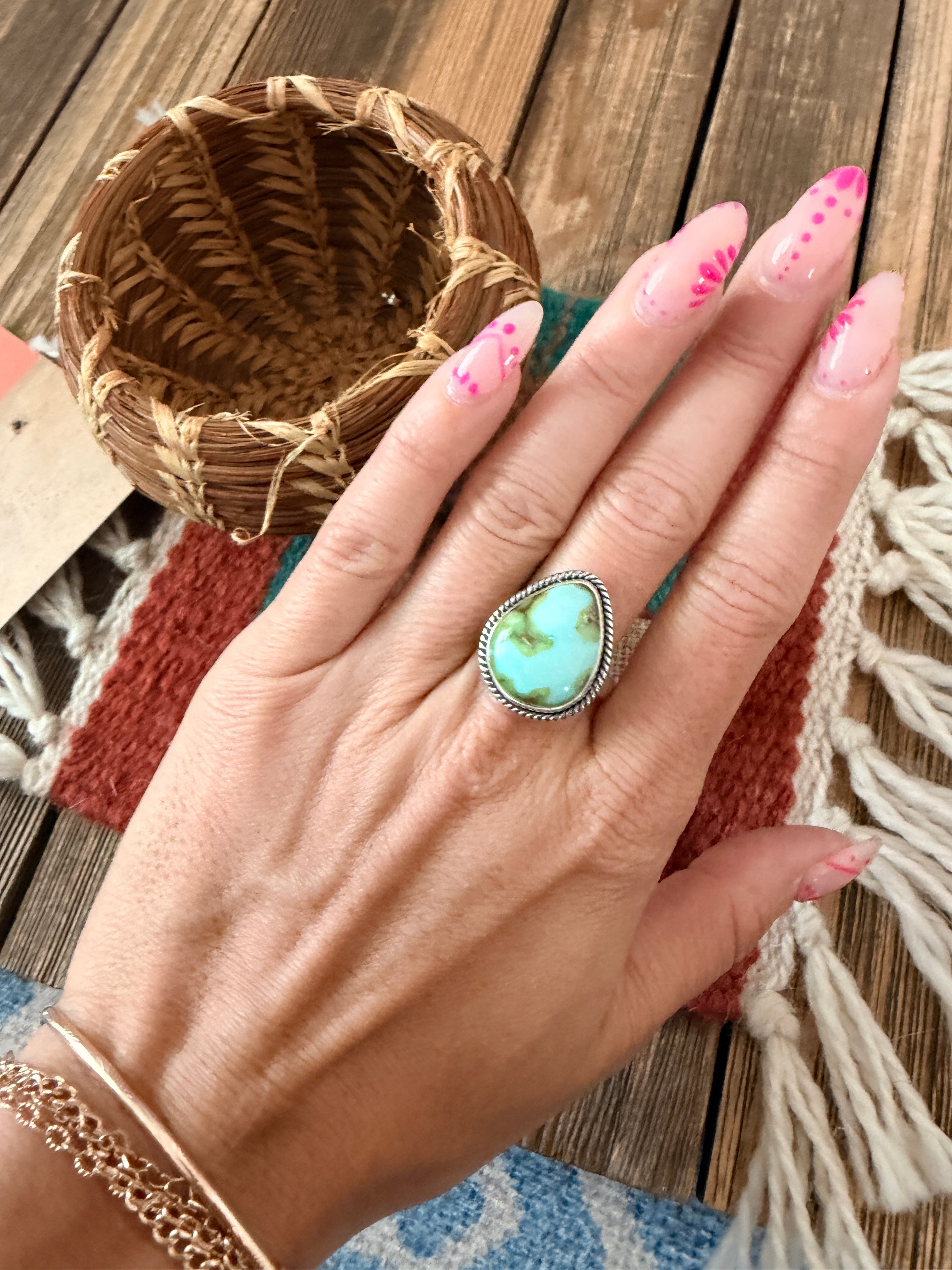 Handcrafted Sonoran Mountain Turquoise & Sterling Silver Ring Size 8.75