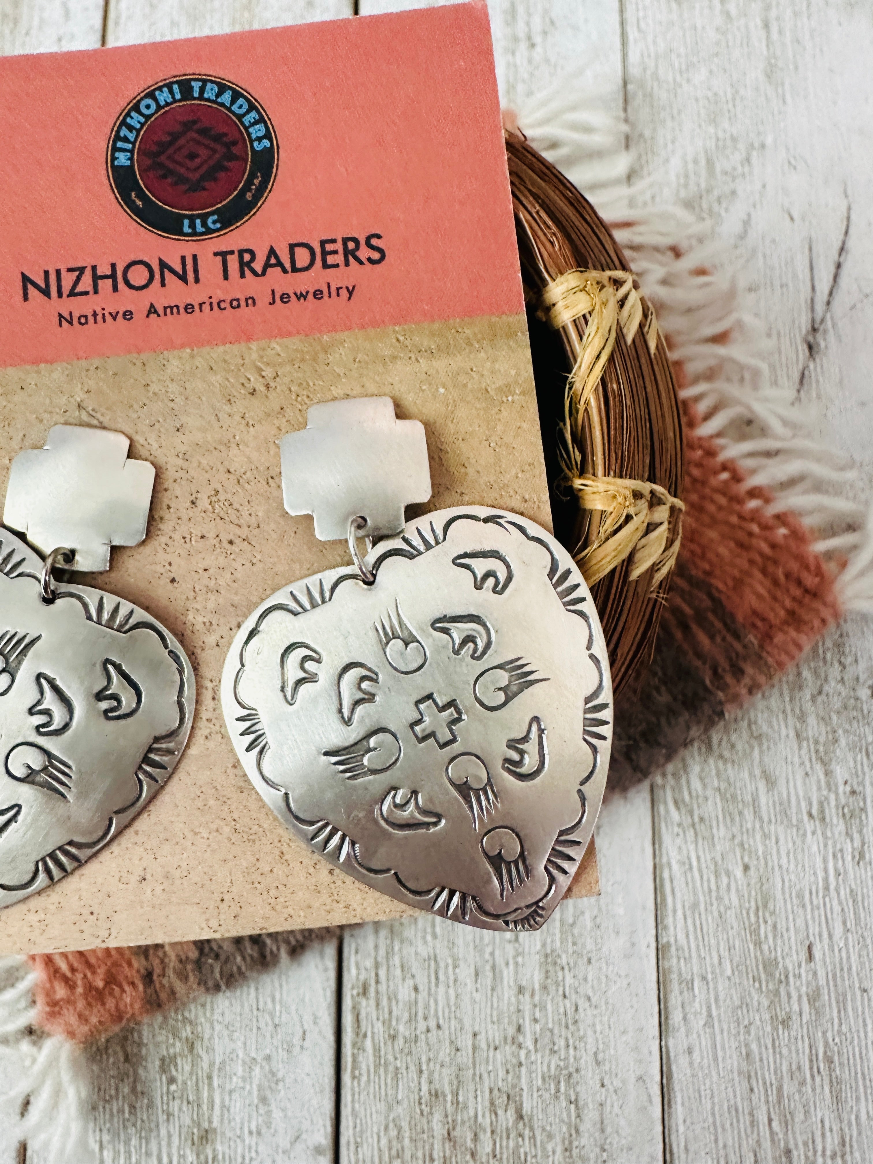 Handcrafted and Hand Stamped Sterling Silver Concho Heart Dangle Earrings