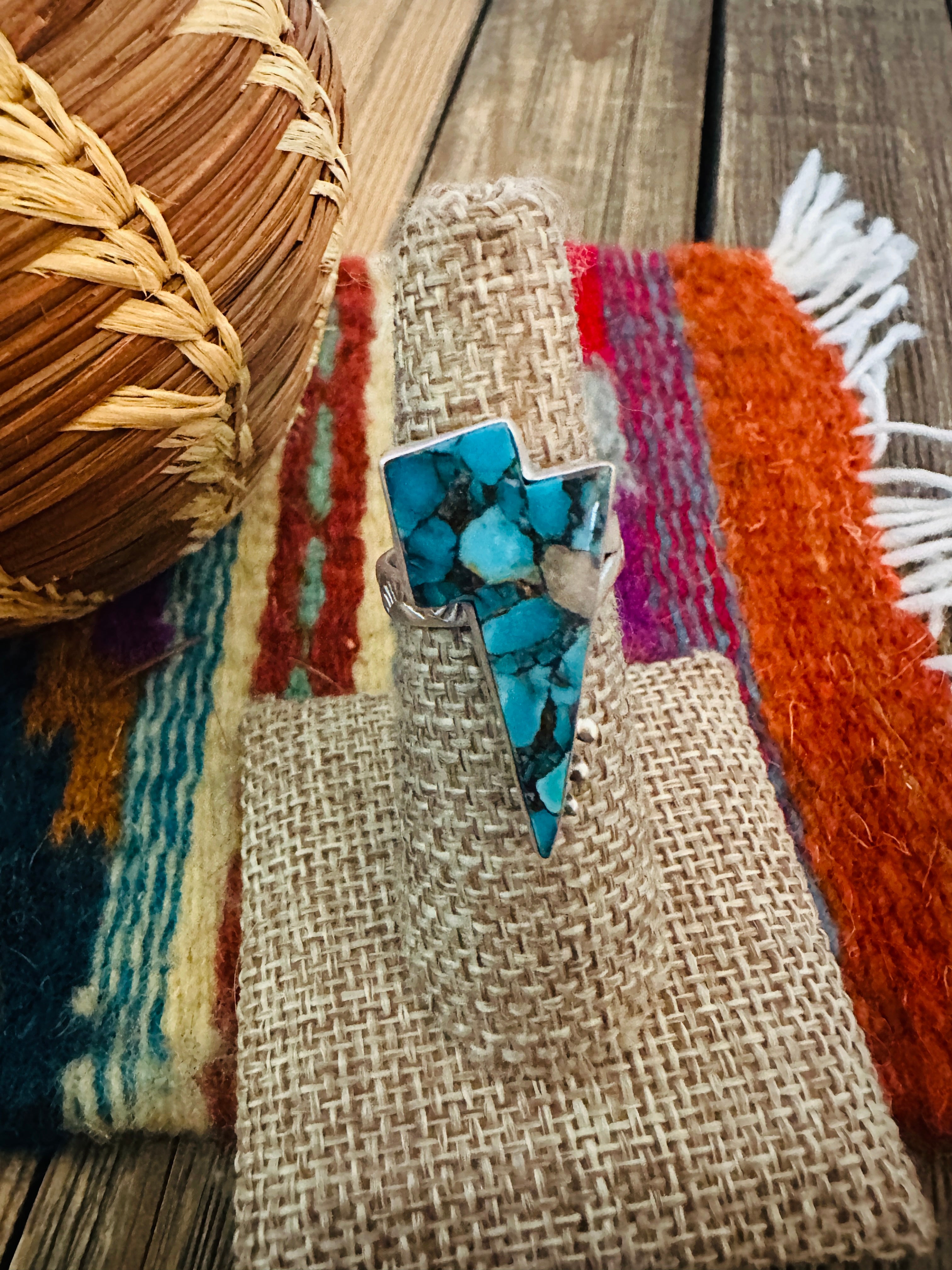 Handcrafted Turquoise & Sterling Silver Lightning Bolt Adjustable Ring