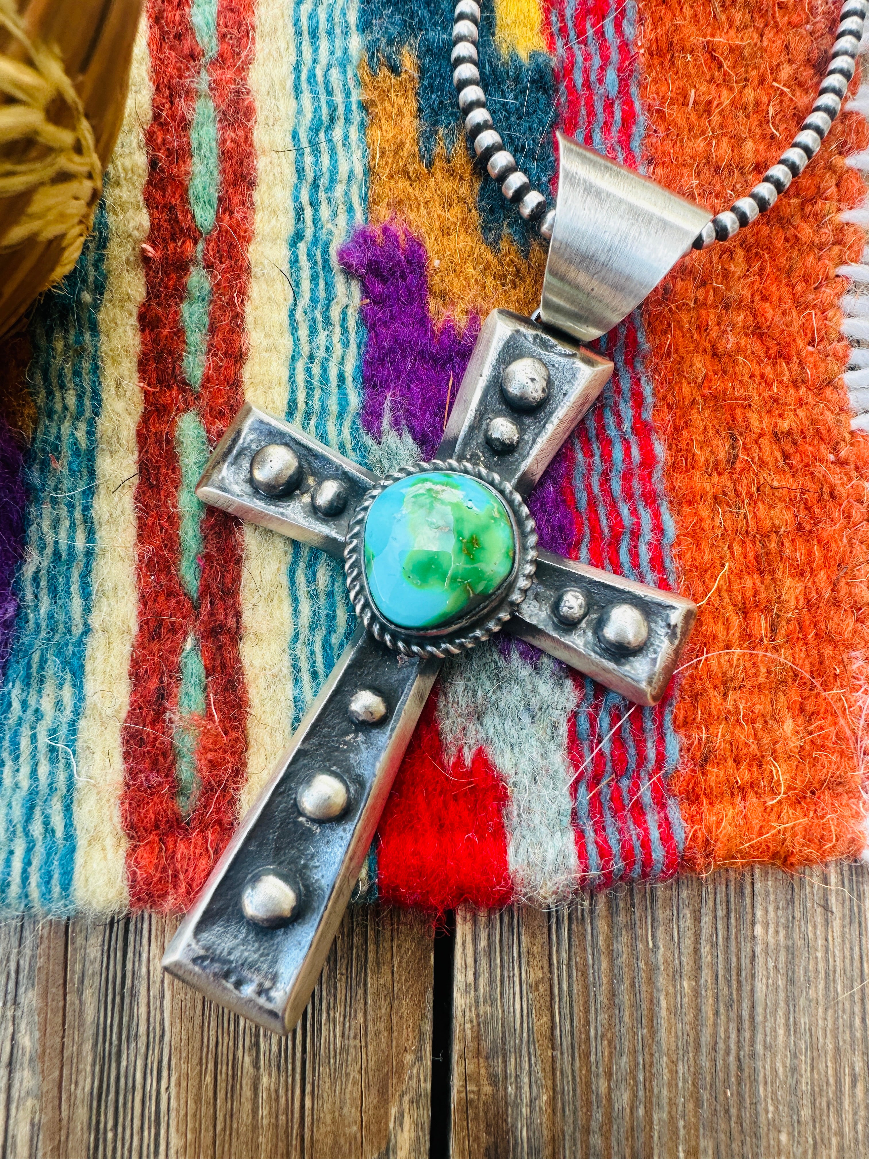 Handcrafted Sonoran Mountain Turquoise & Sterling Silver Cross Pendant by Chimney Butte