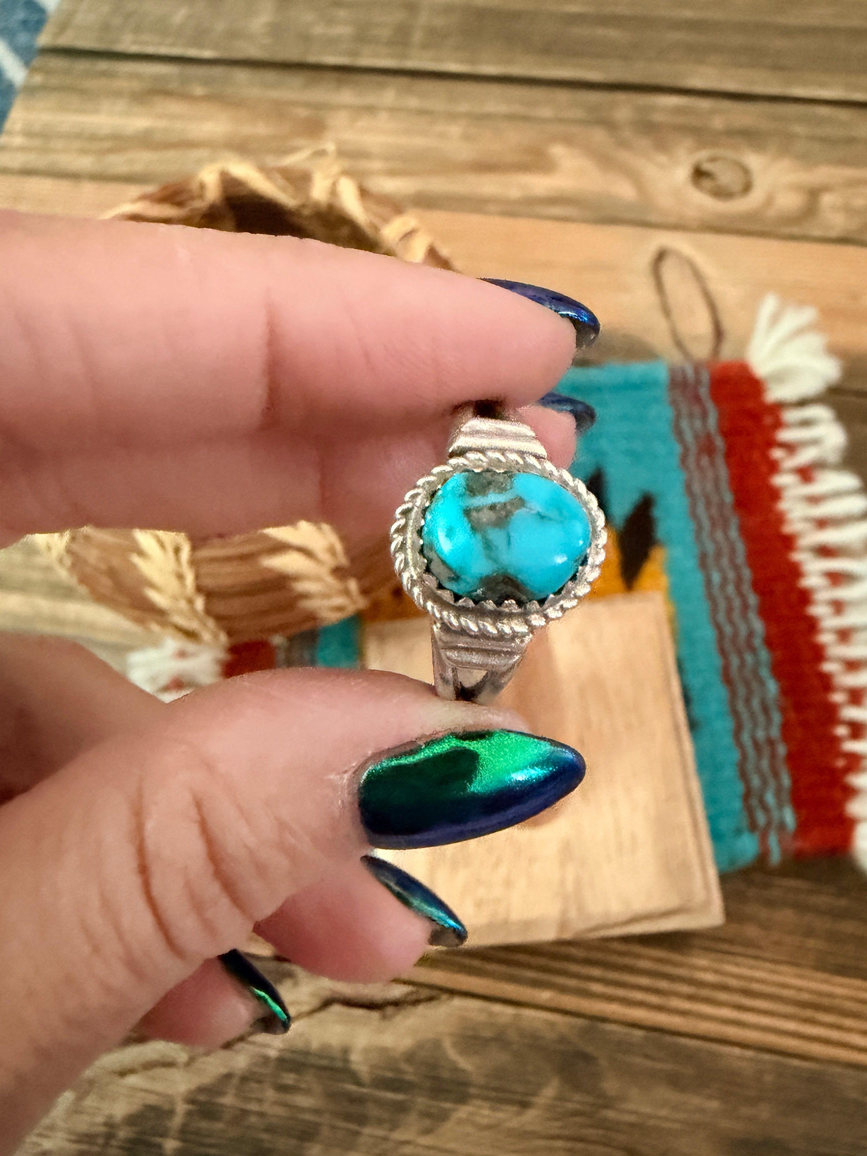 Old Pawn Handcrafted Turquoise & Sterling Silver Ring Size 9.25