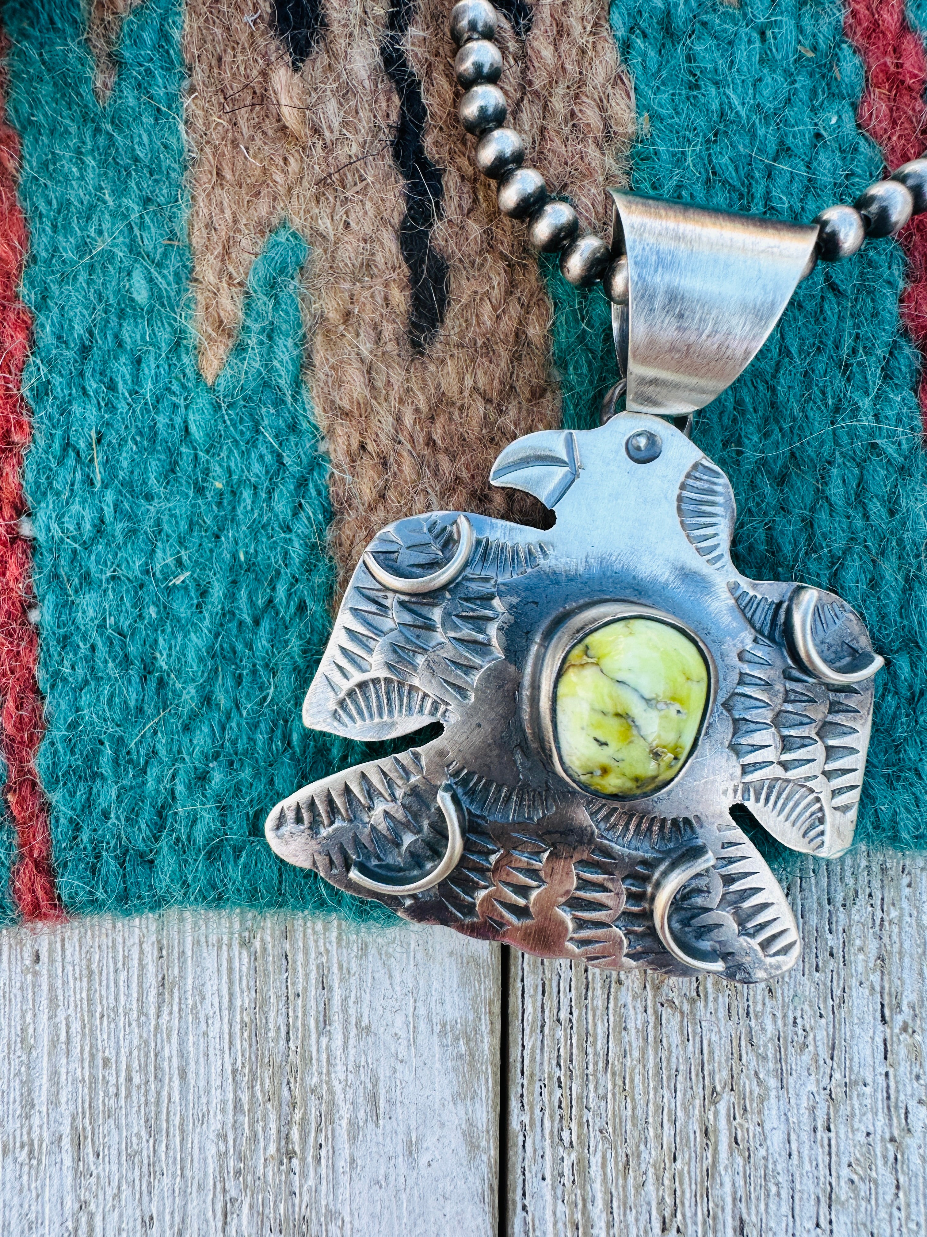 Handcrafted Sterling Silver & Palomino Turquoise Thunderbird Pendant by Chimney Butte