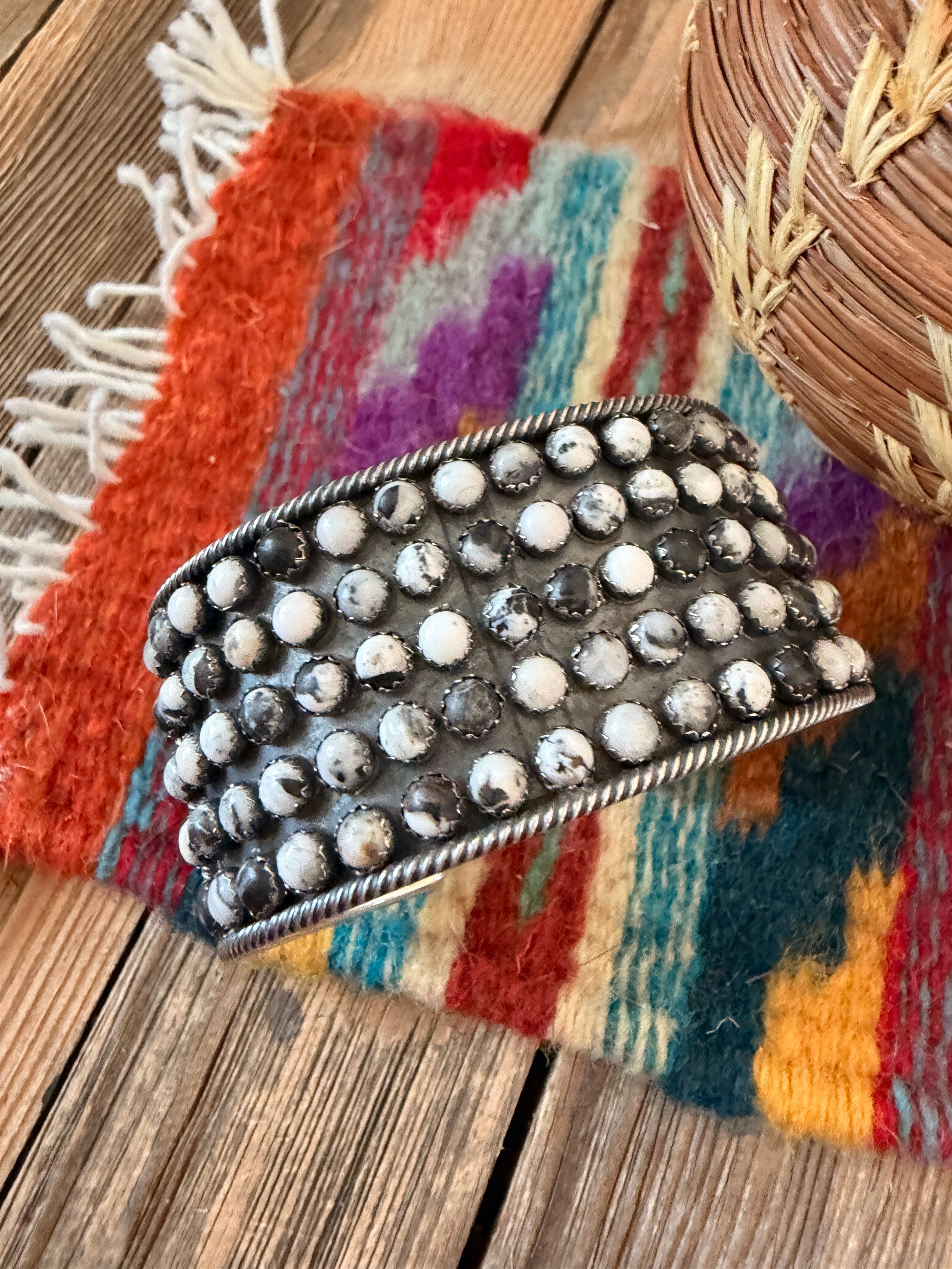 Handcrafted White Buffalo & Sterling Silver Cluster Cuff Bracelet by Paul Livingston