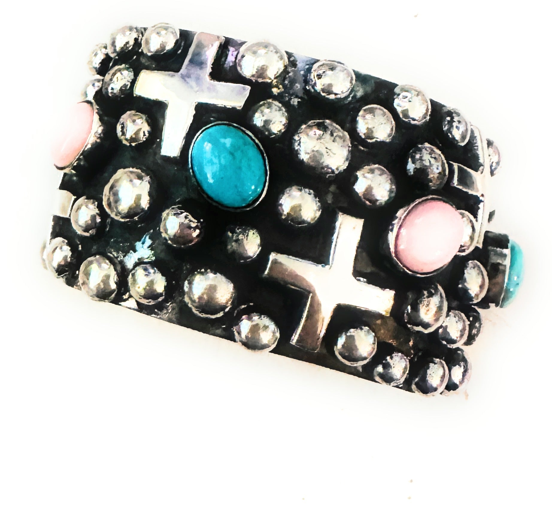 Navajo Queen Pink, Turquoise & Sterling Silver Cross Cuff Bracelet By Chimney Butte