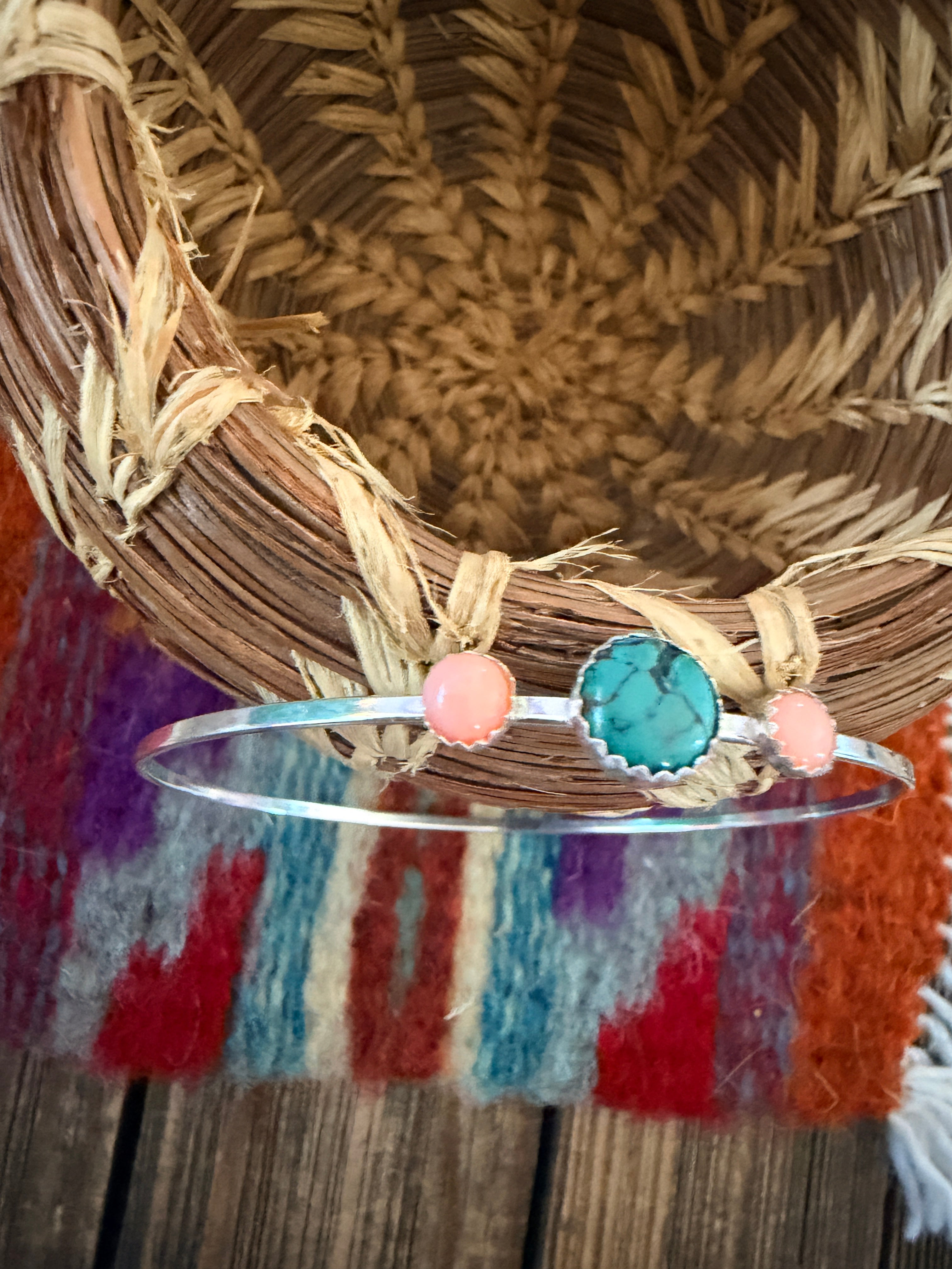 Handmade Queen Pink Conch, Turquoise & Sterling Silver Bangle Bracelet