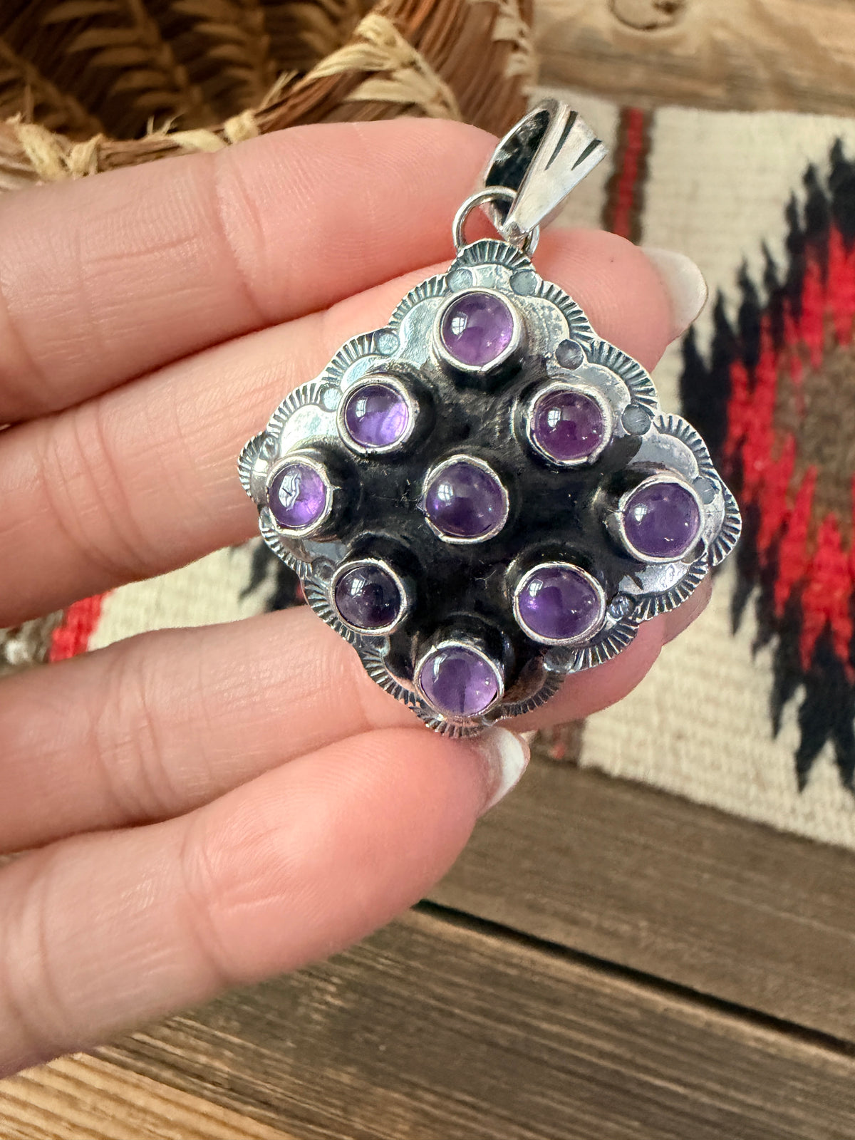 Handcrafted Sterling Silver and Amerhyst Cluster Bear Pendant by Tina Benally