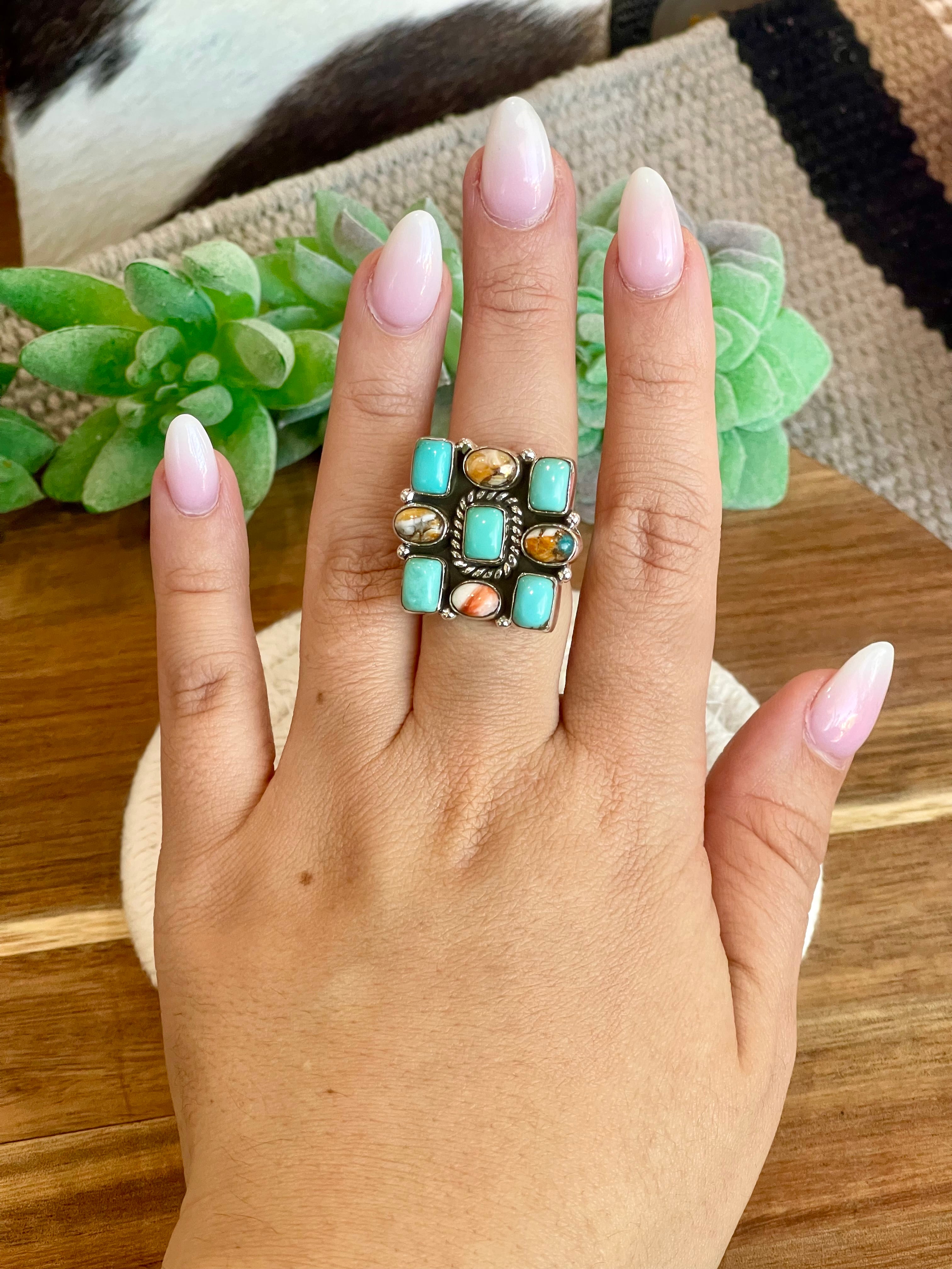 Beautiful Handmade Turquoise, Spice And Sterling Silver Adjustable Ring