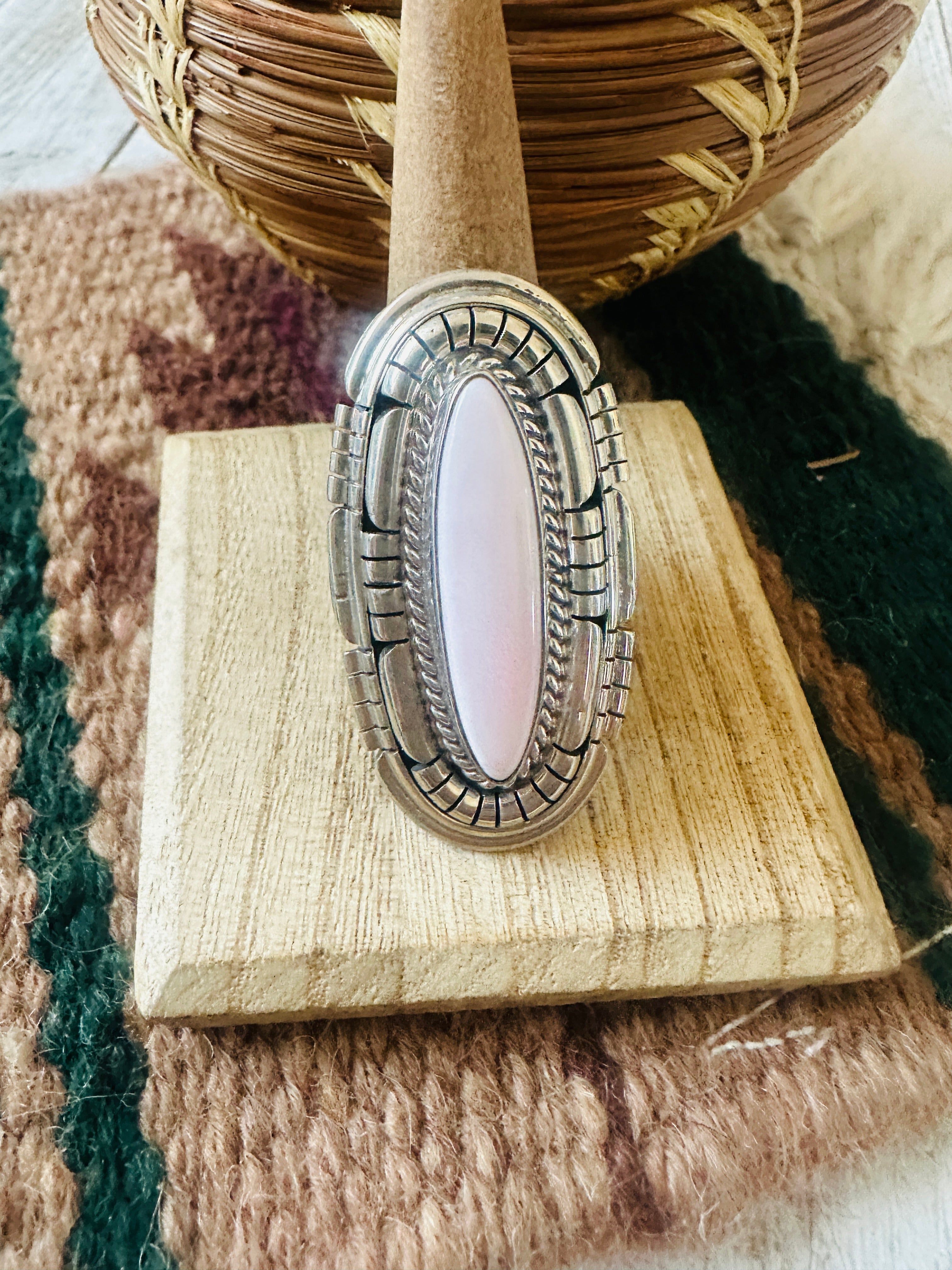 Navajo Sterling Silver & Queen Pink Conch Adjustable Ring