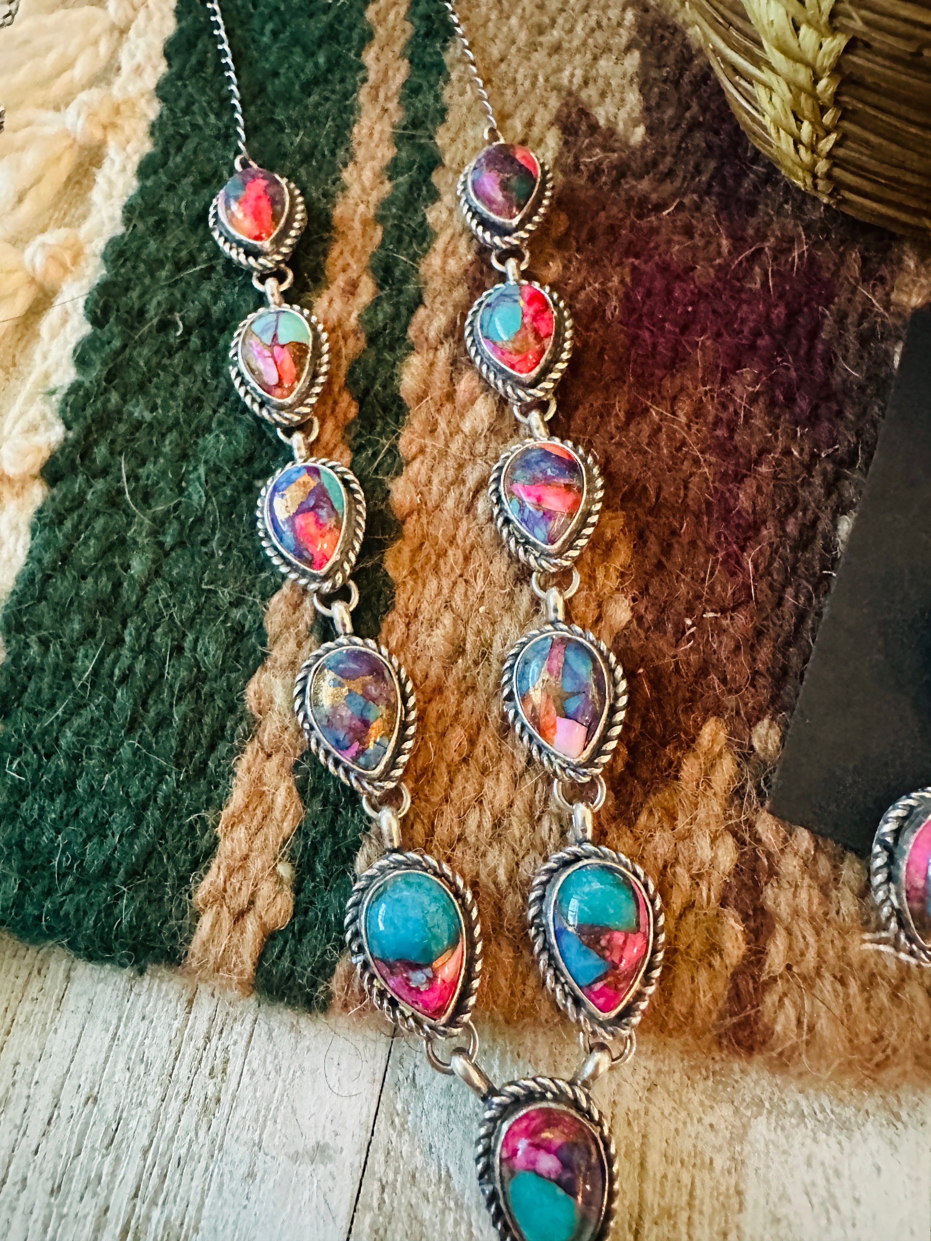 Navajo Sterling Silver & Pink Dream Mojave Lariat Necklace Set